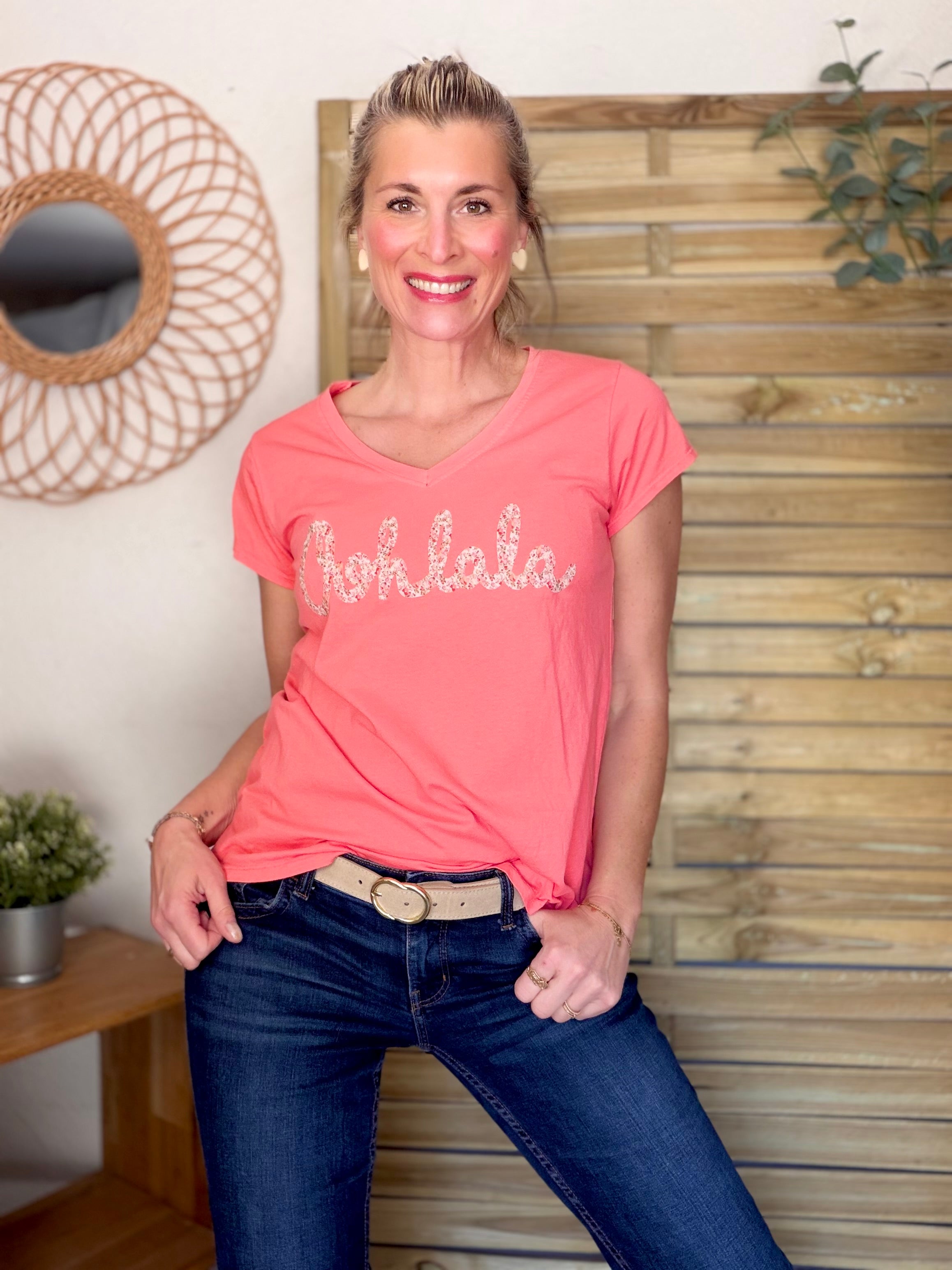 Tee shirt Ohlala Liberty VERA Corail / Rouge rosé