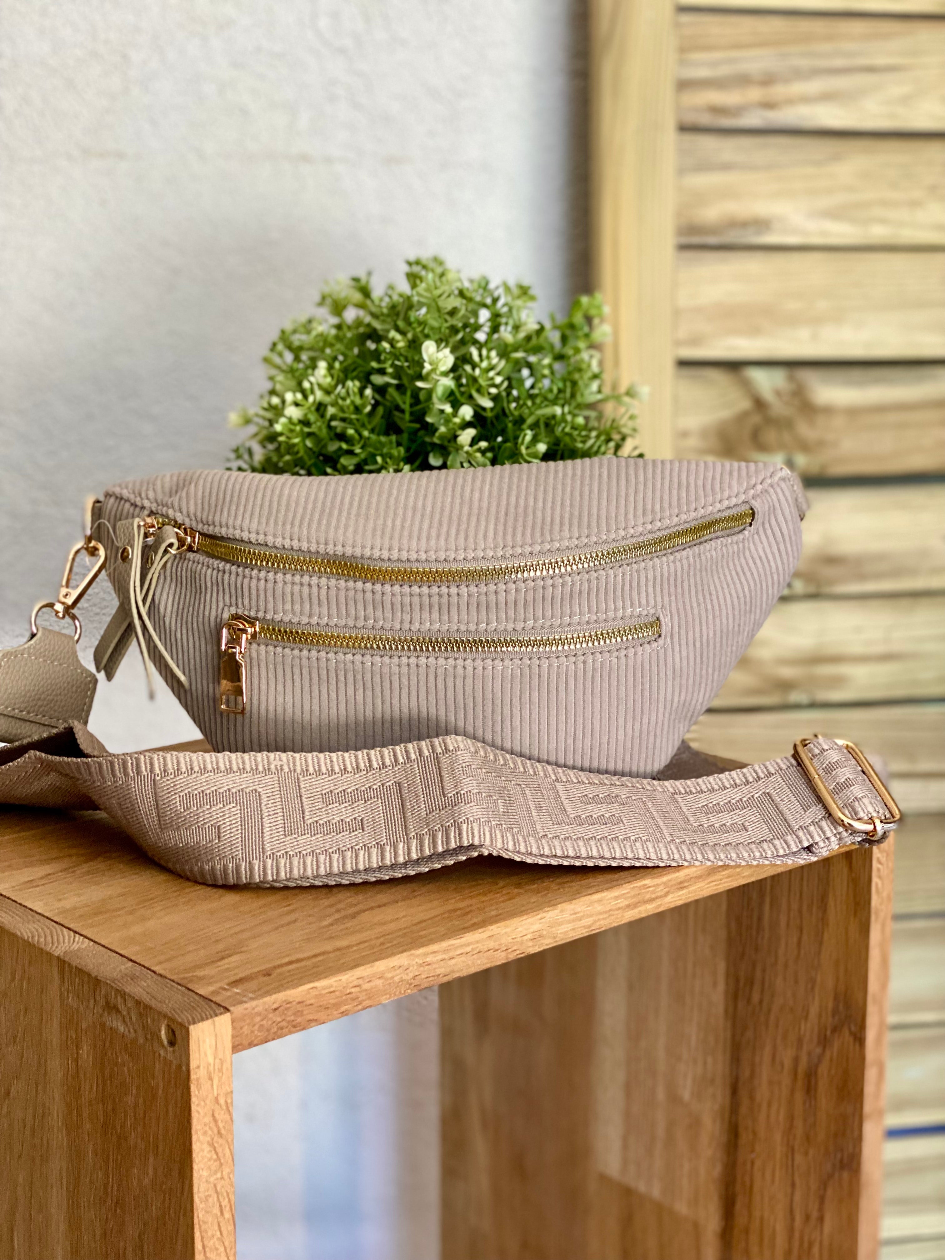 Sac banane en velours côtelé 2 zips et sangle fantaisie - CHARLY - Beige taupe (côtelé fin)