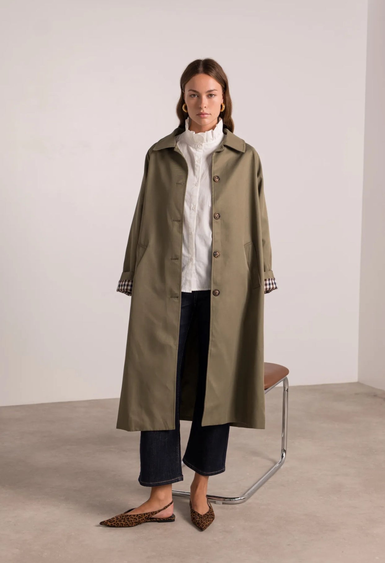 Veste Trench en coton avec vichy - YSEULT long Kaki