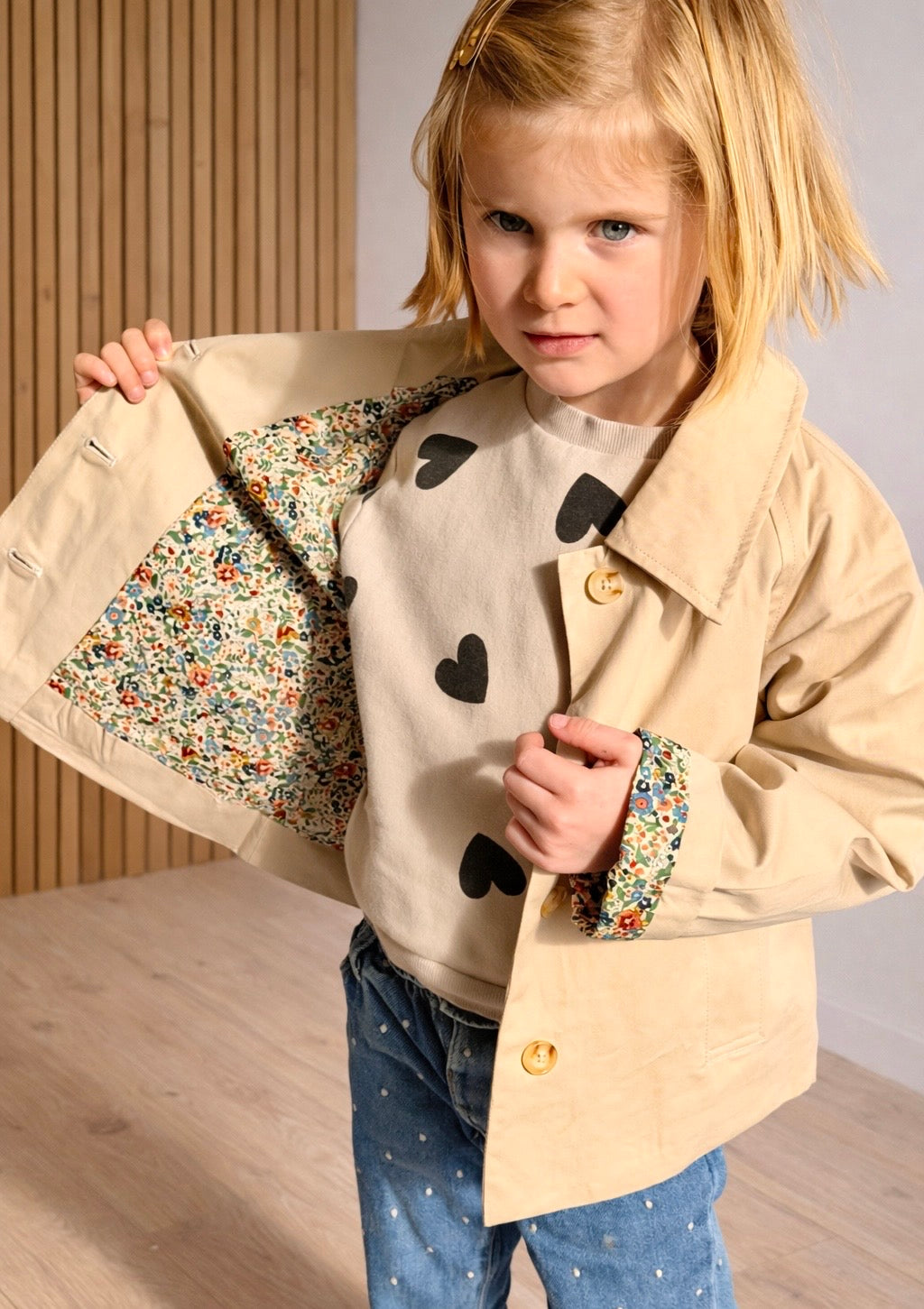 Veste Trench en coton beige avec Liberty - MARION (Taille 2 ans à la Taille L)