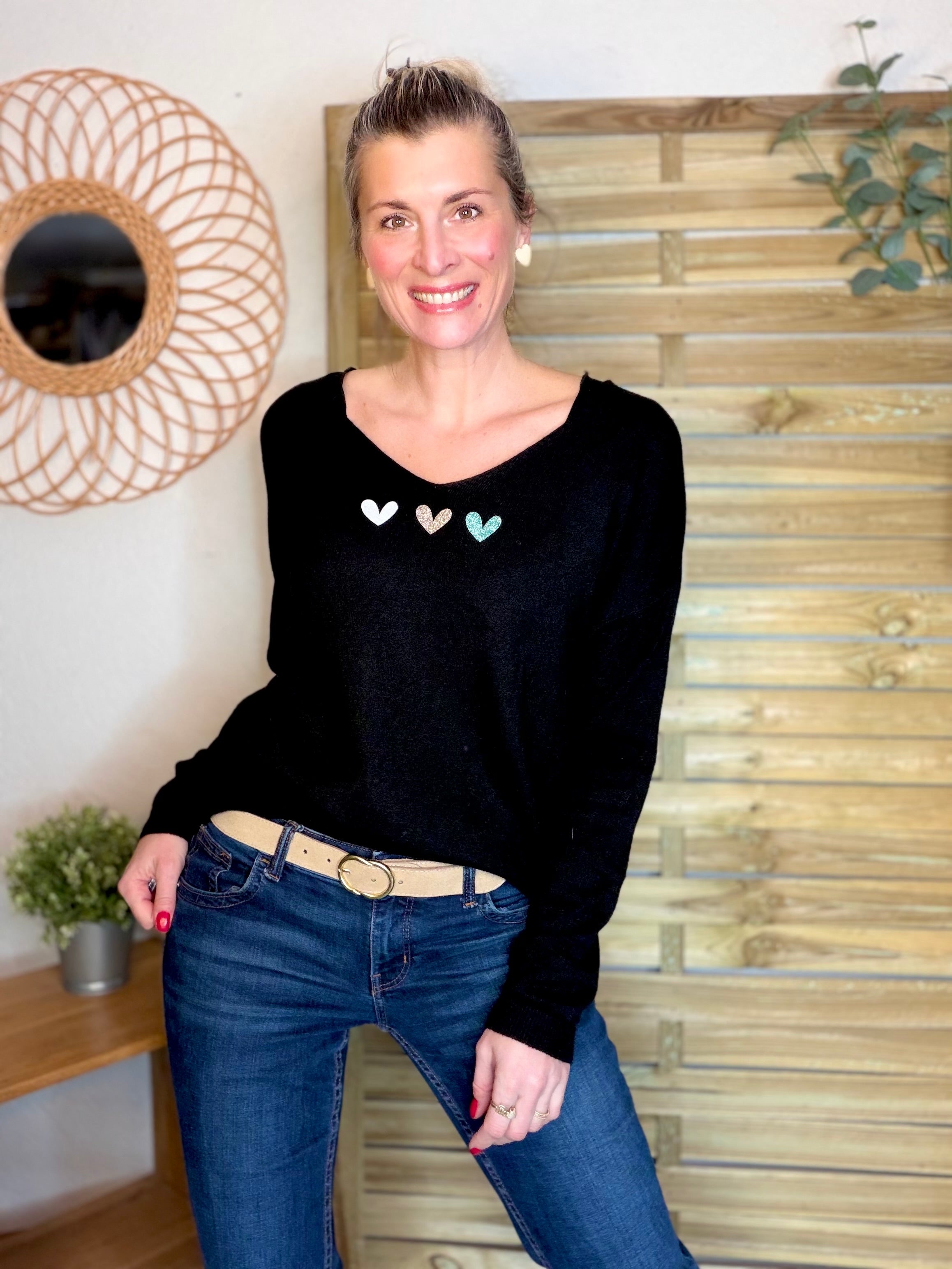 Pull fin 3 cœurs 💛 BERTILLE - Noir