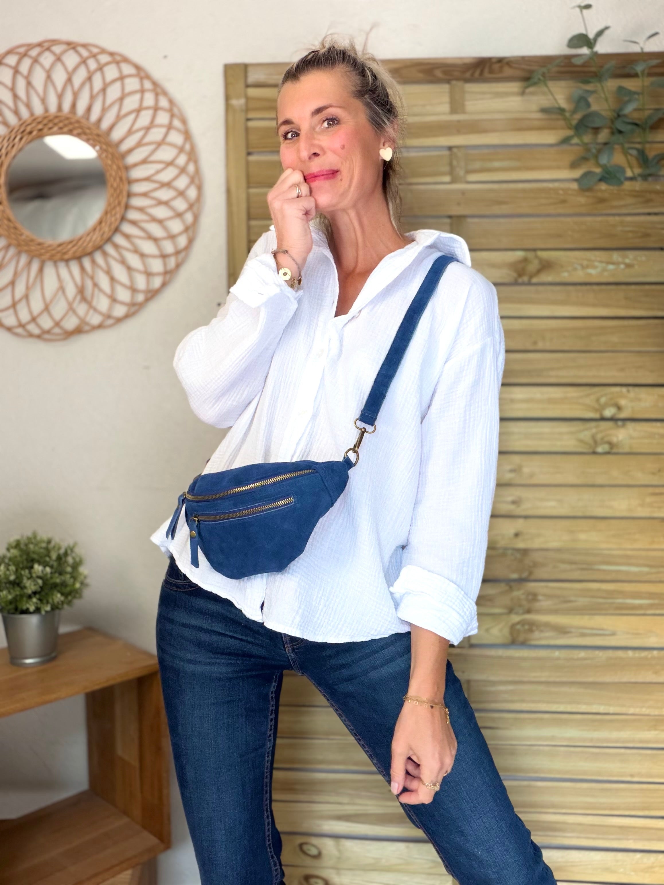 Sac banane double poche en cuir daim - OPALINE - Bleu jean