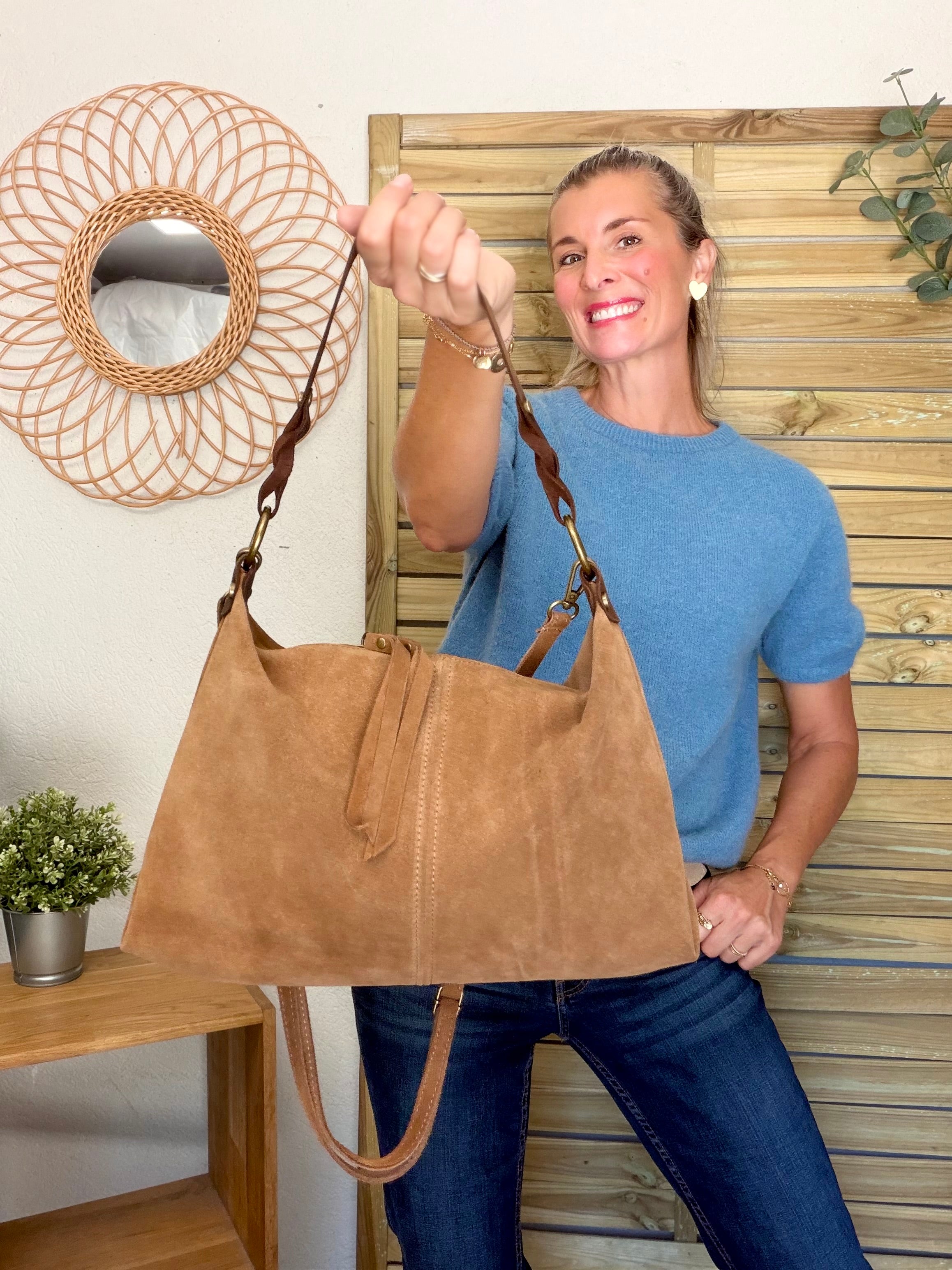 Sac hobo en cuir daim souple, double bandoulière ANDREW Camel clair