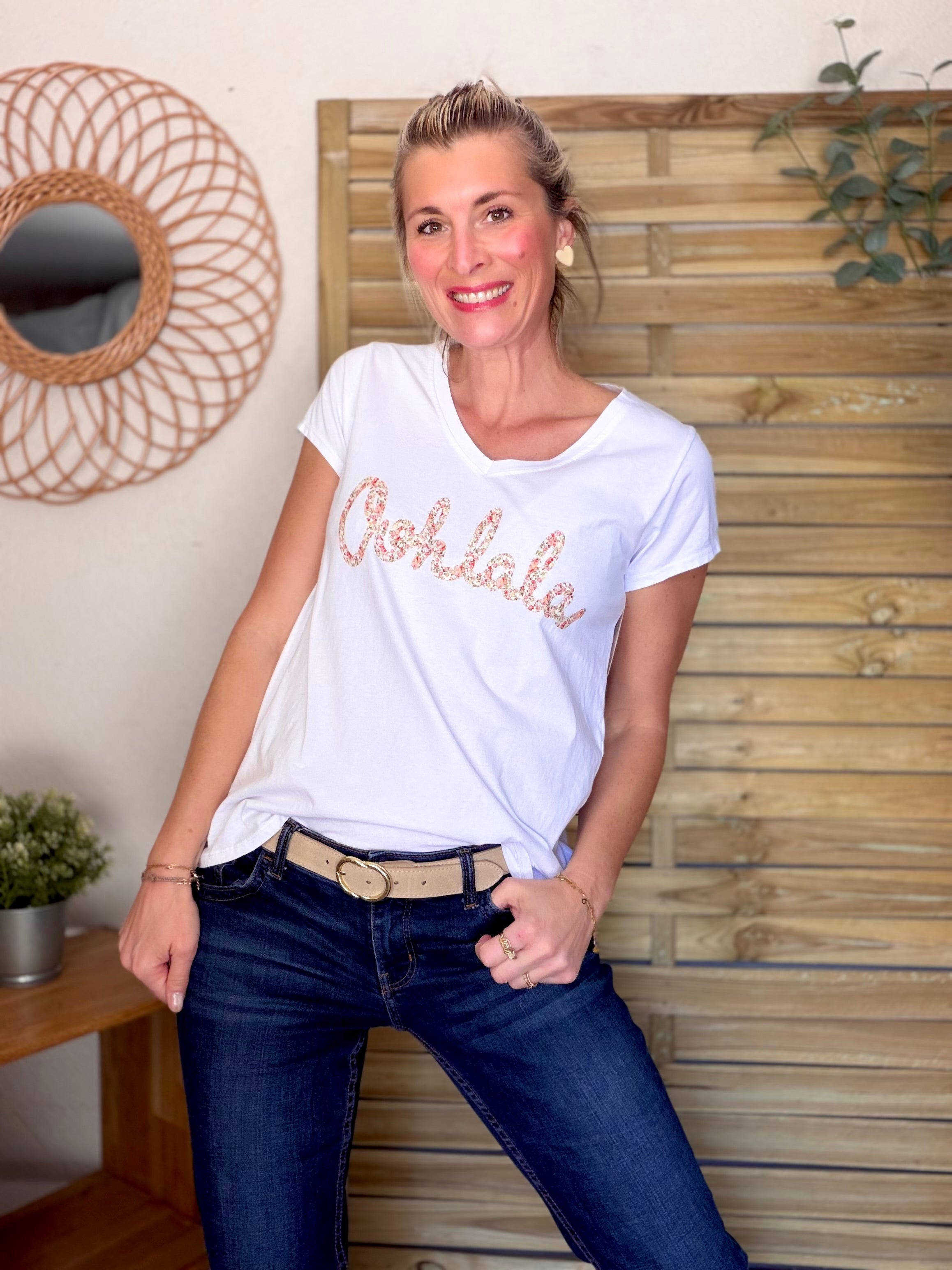 Tee shirt Ohlala Liberty VERA Blanc / Rouge rosé