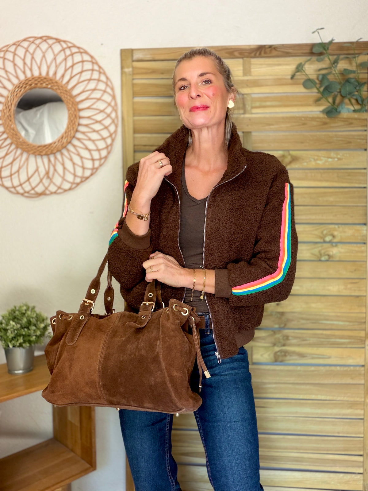Veste Sherpa zippée bandes Arc-en-ciel CORALIE Chocolat 🌈