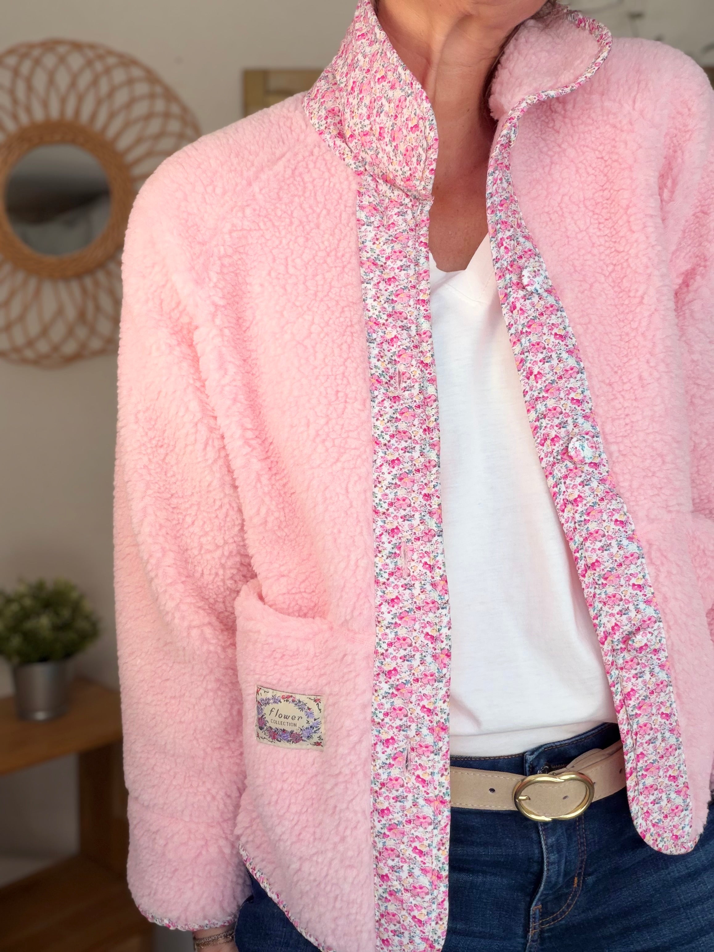 Veste Sherpa et fleurs LÉONIE Rose clair