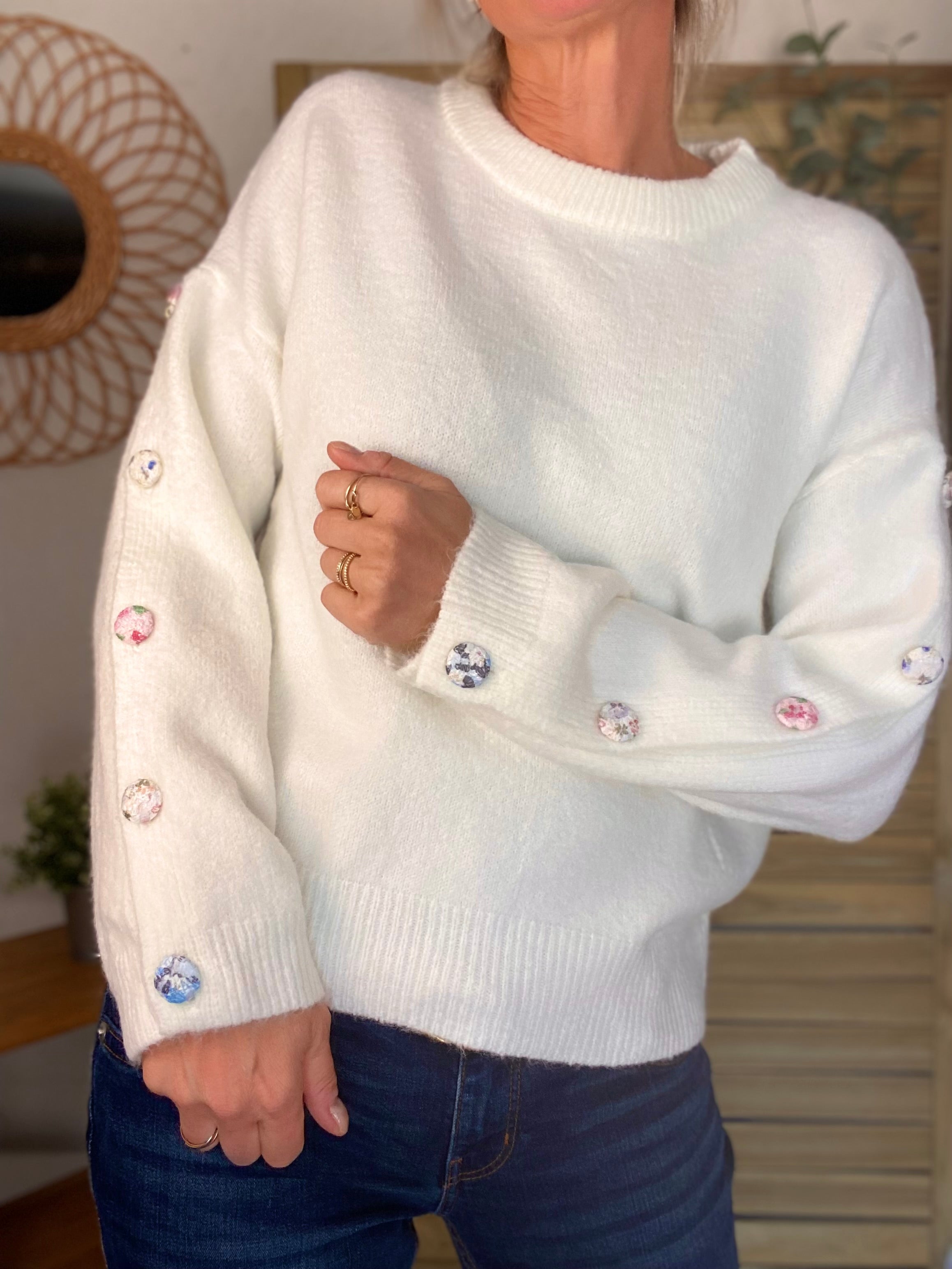 ⚡️ PÉPITES FRIDAY - Pull boutons tissu fleuri - Blanc - HAZEL