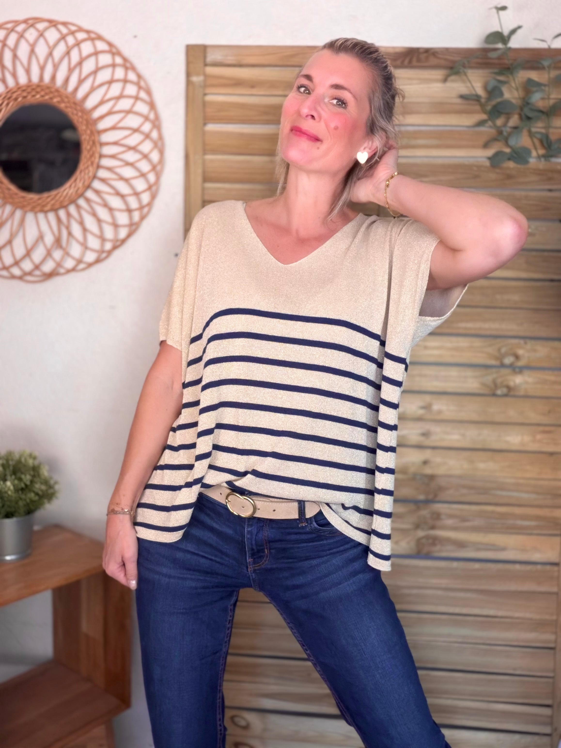 Top maille lurex col V IRINA Bleu marine