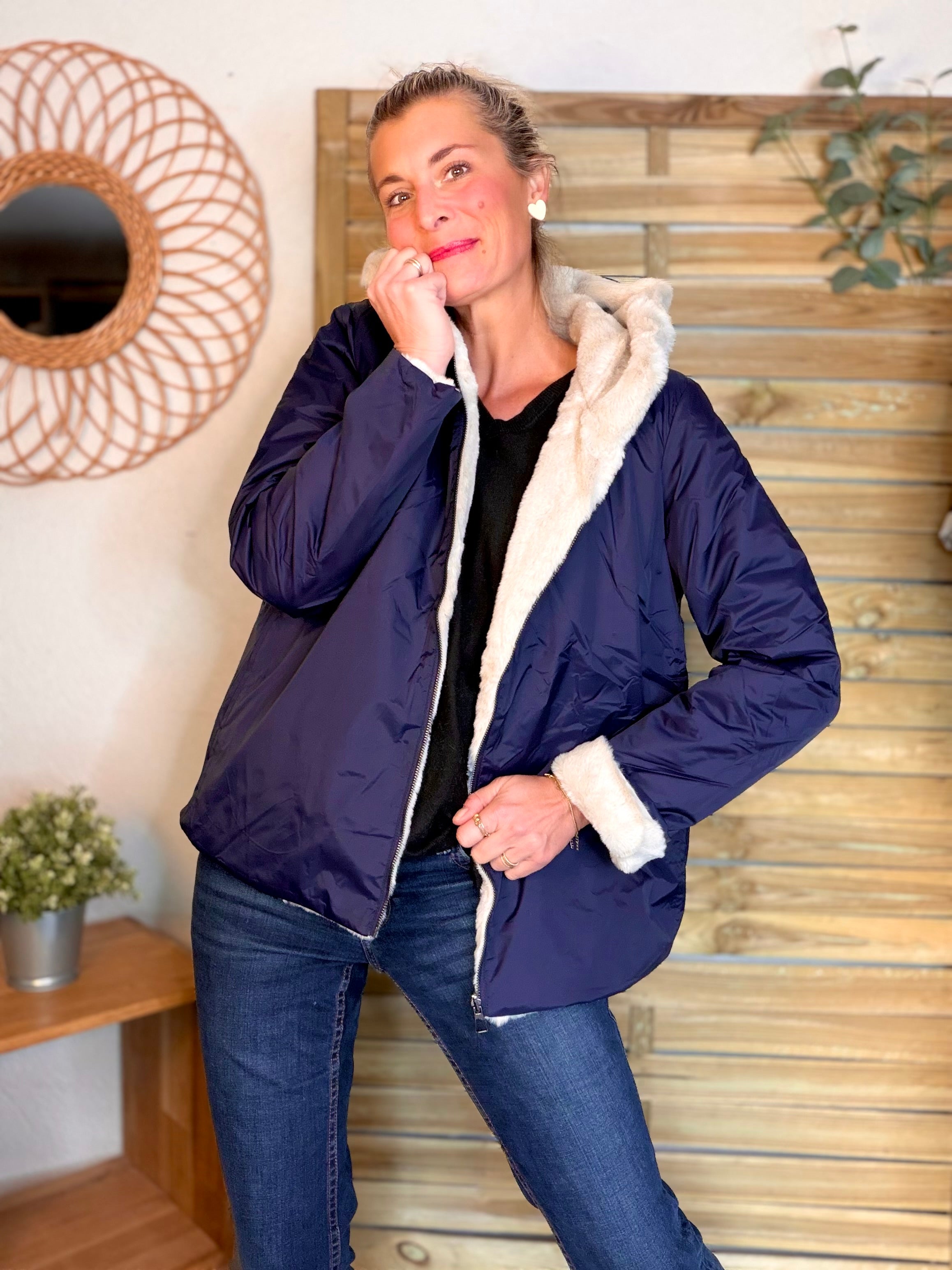 Parka Imperméable réversible fourrée Marine / Beige ALIX Court - LAURA JO