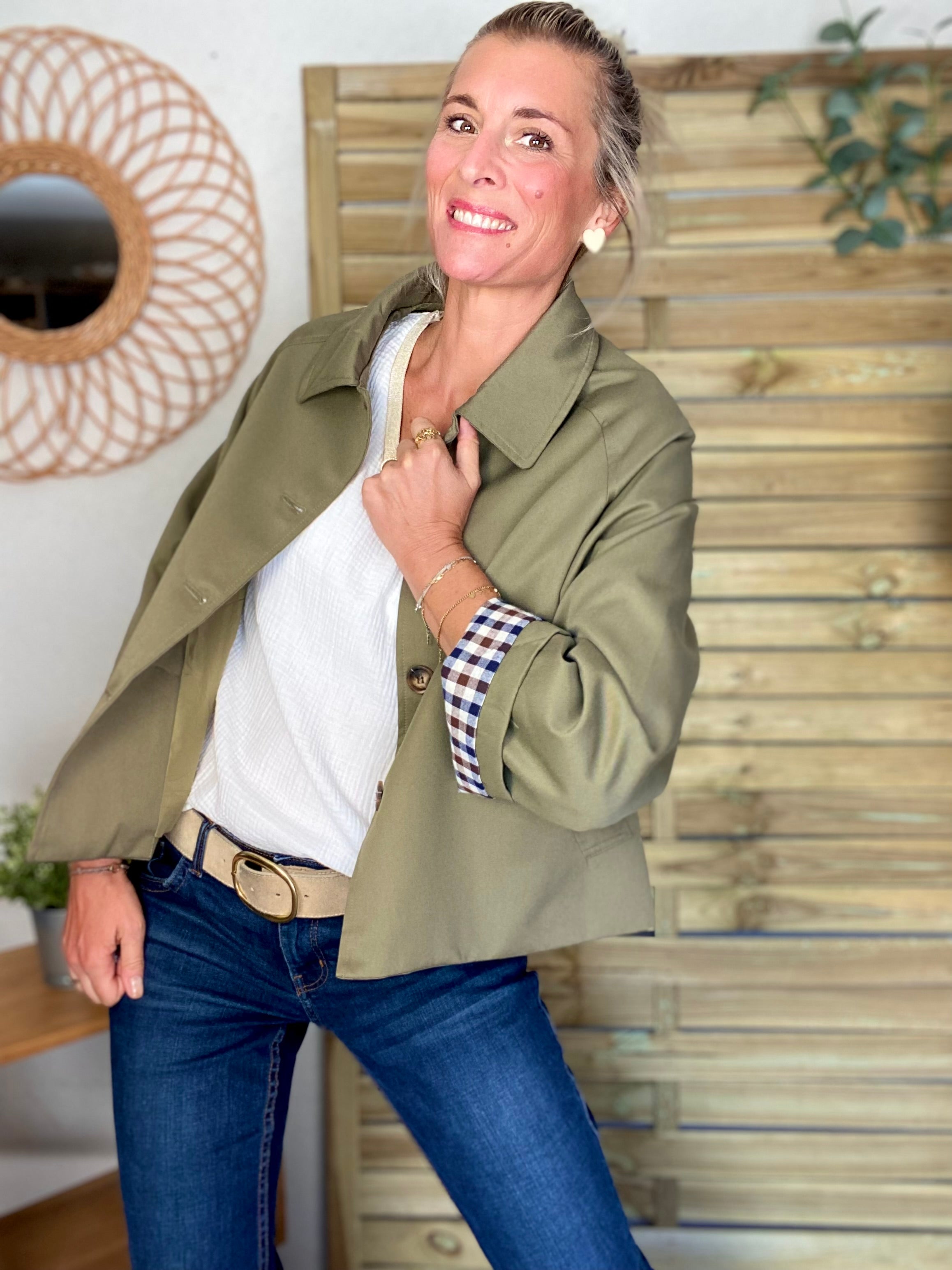 Veste Trench en coton avec vichy - YSEULT court Kaki