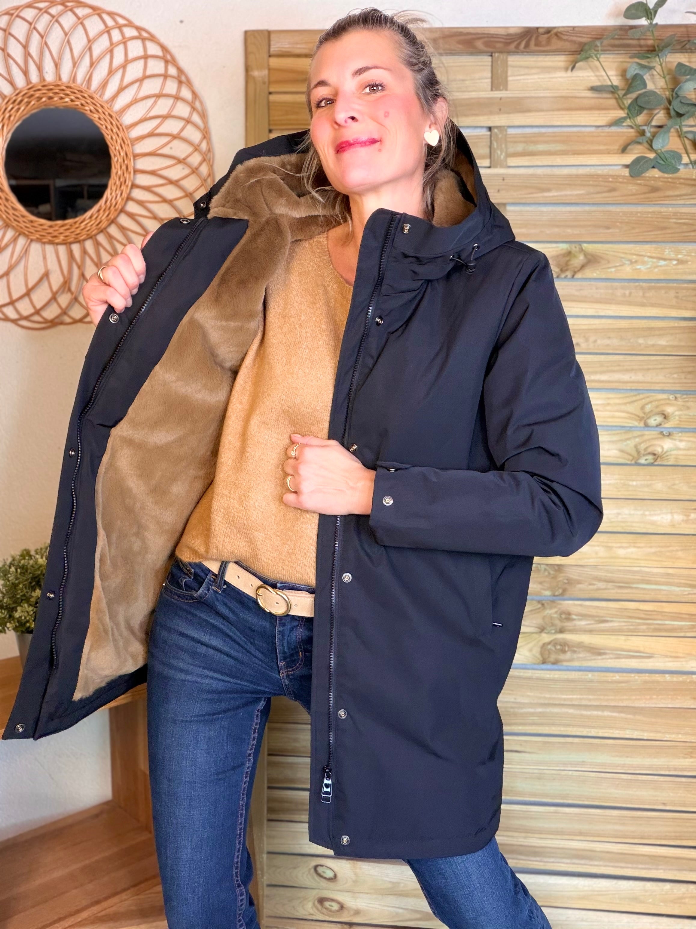 Parka fourrée imperméable AMBRE - Noir / Camel - LAURA JO