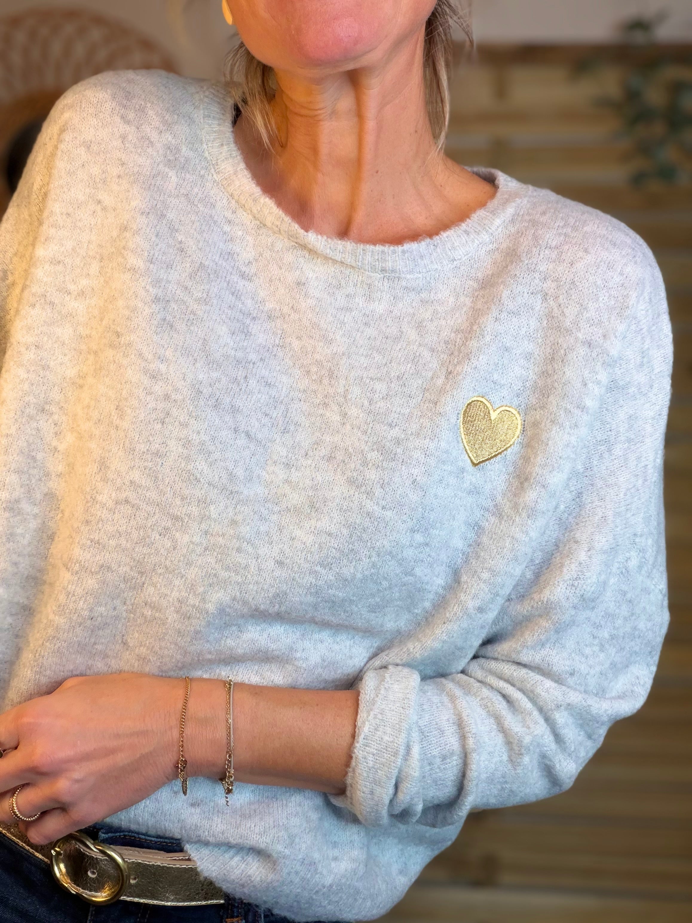 Pull léger en maille cœur doré brodé 💛 MELISSA - Gris chiné