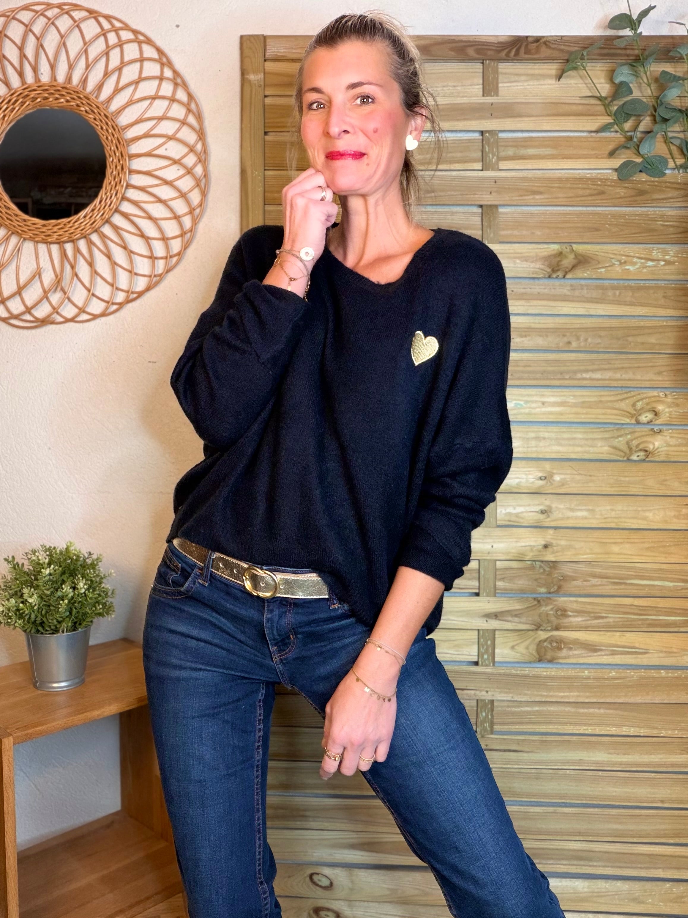 Pull léger en maille cœur doré brodé 💛 MELISSA - Bleu marine