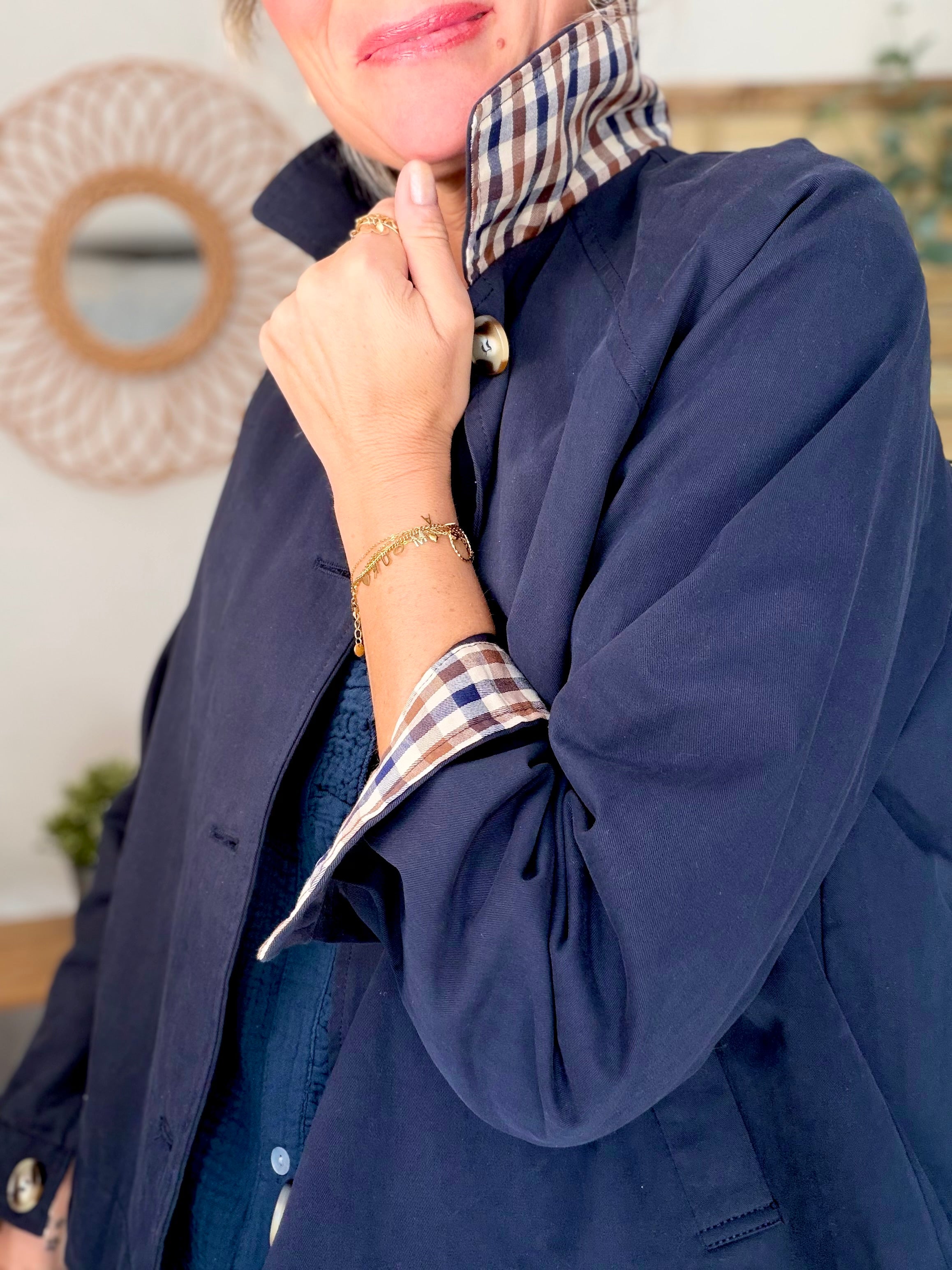 Veste Trench en coton avec carreaux - SOLÈNE Bleu marine
