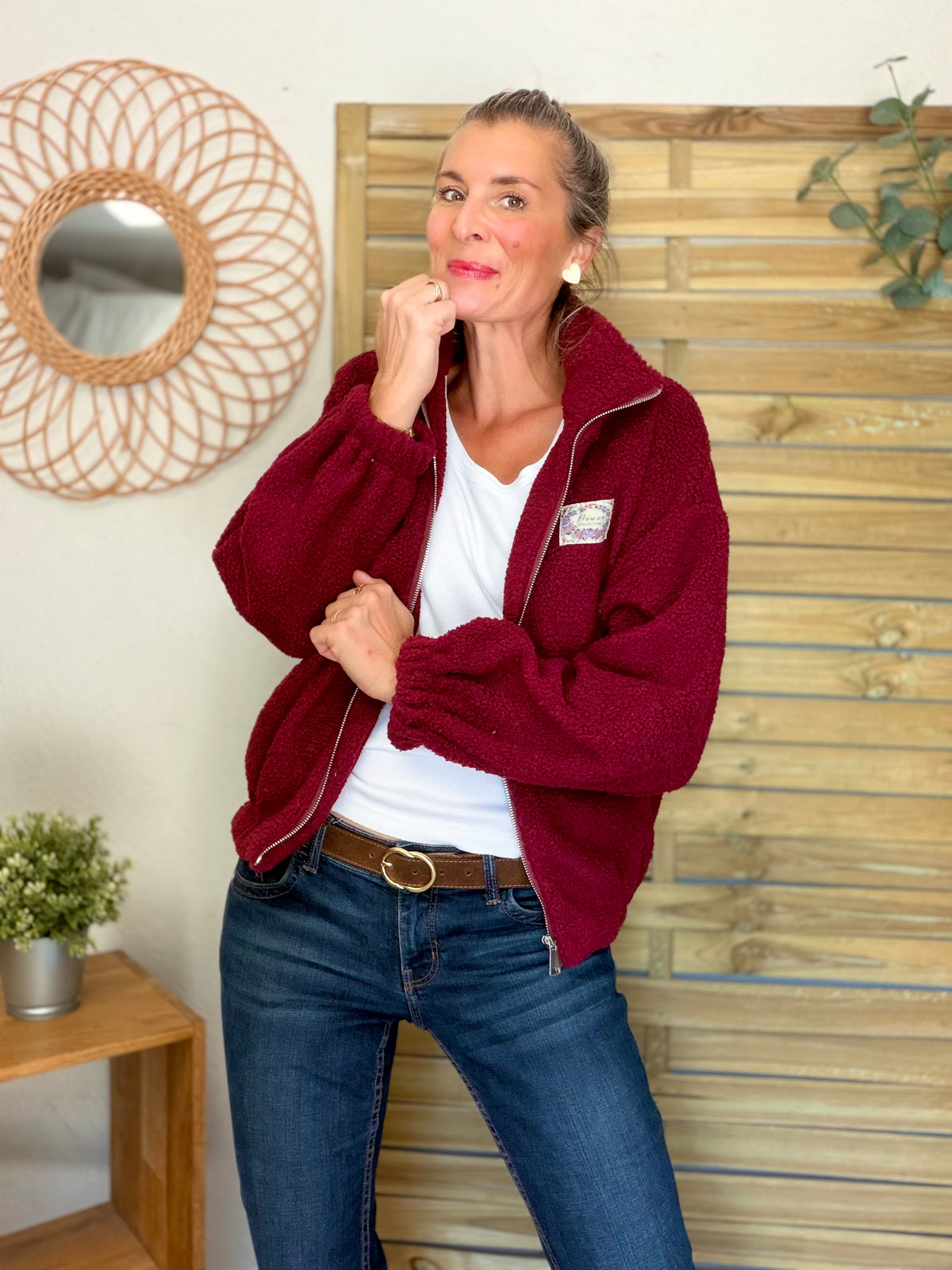 Veste Sherpa zippée LÉONIE Bordeaux