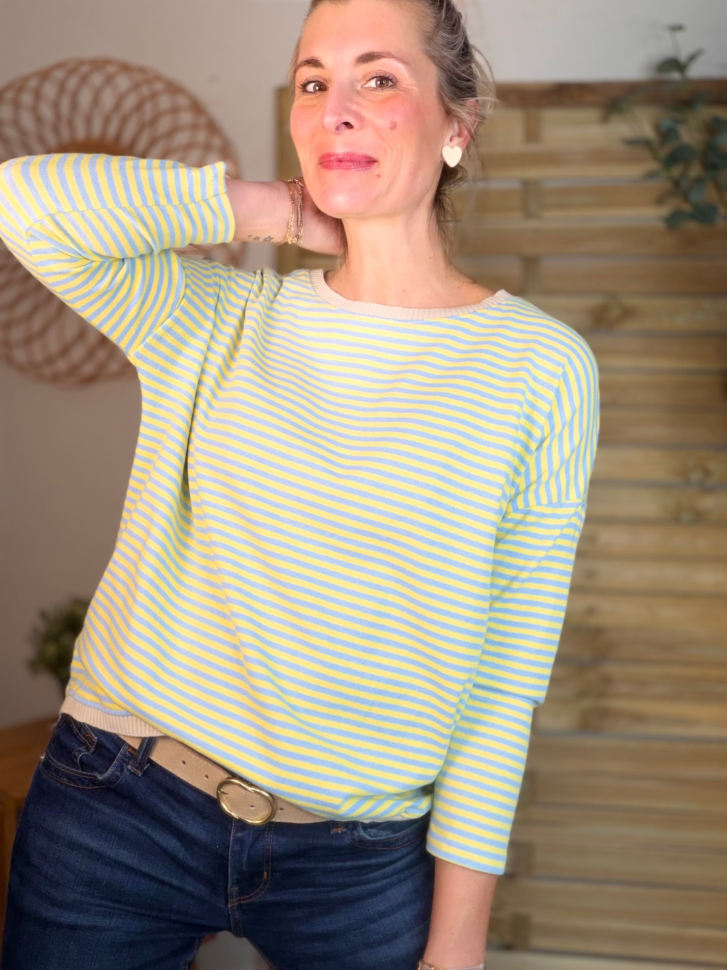 Pull fin rayé ample ROMANE - Bleu/Jaune