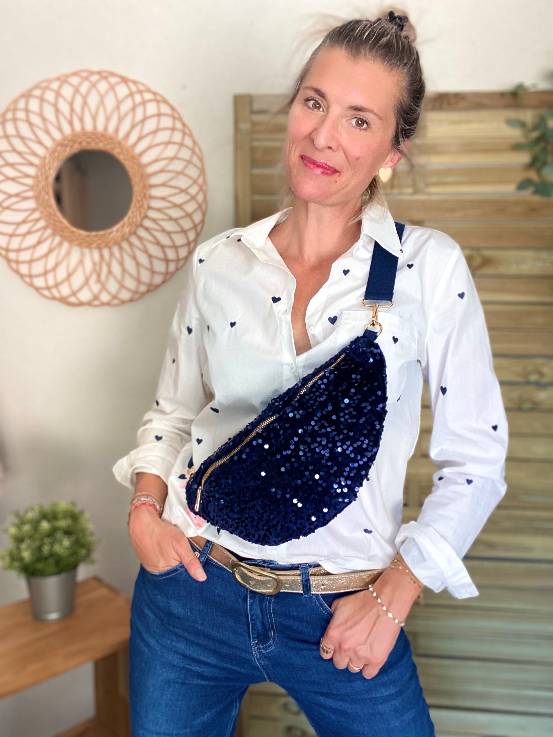 Sac banane L velours à sequins Ciao Boum - TAYLOR - Bleu marine