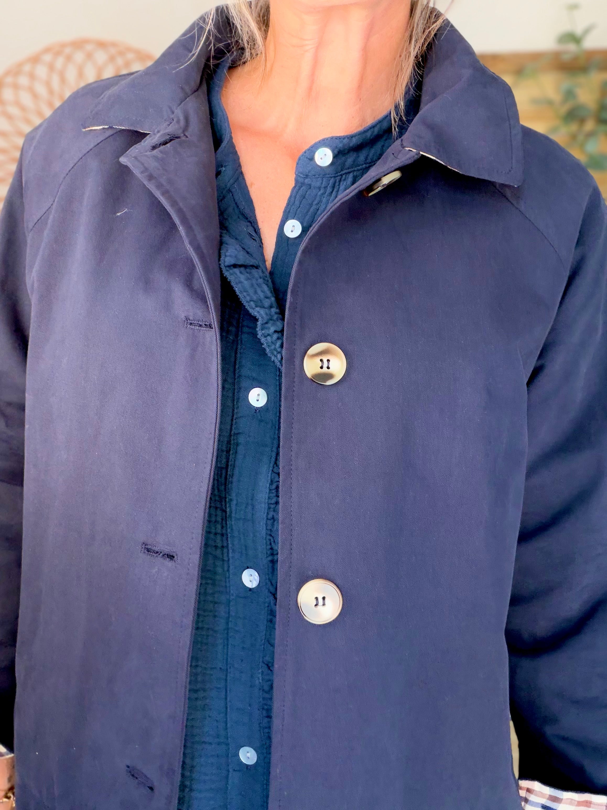 Veste Trench en coton avec carreaux - SOLÈNE Bleu marine