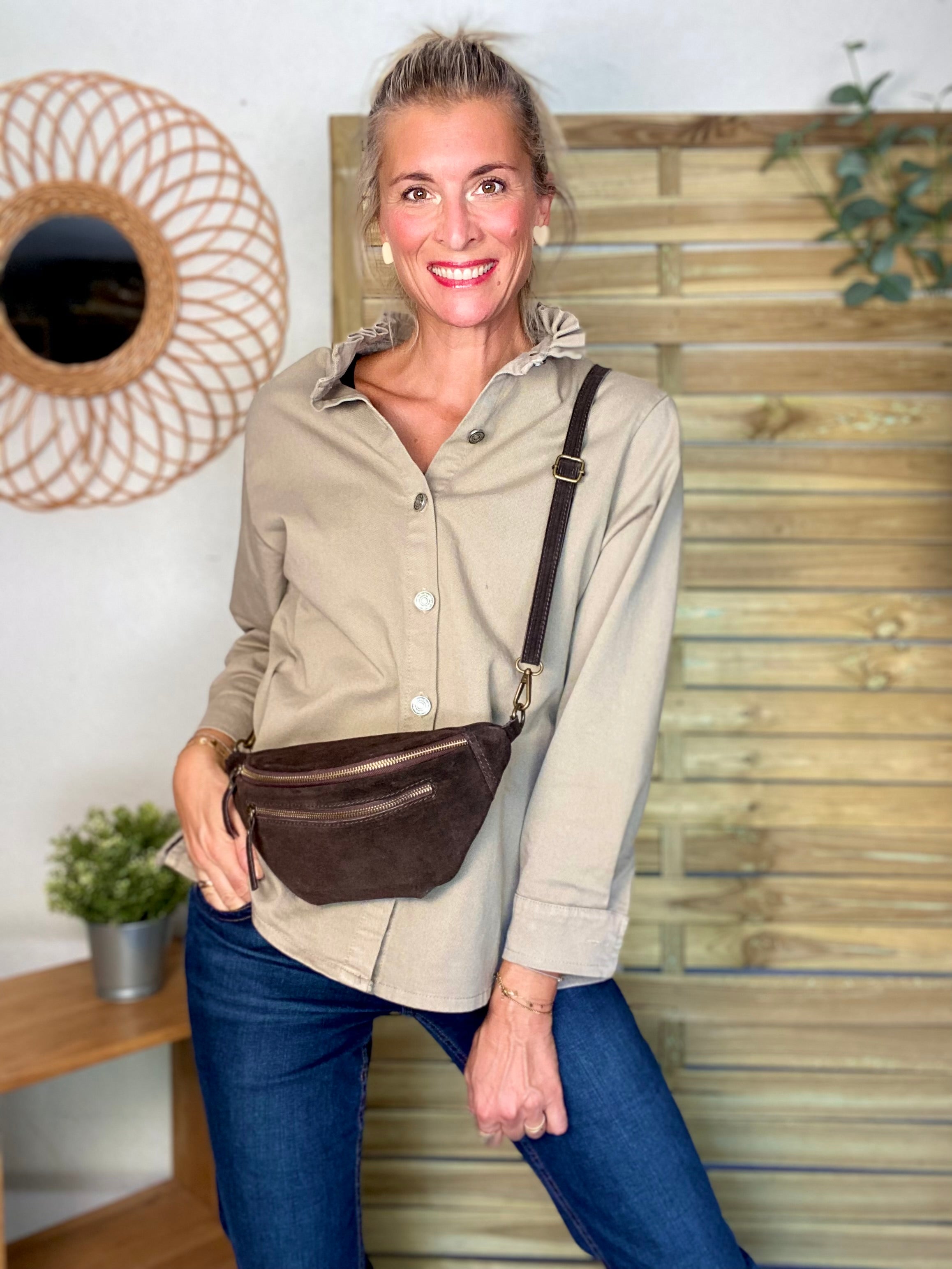 Veste / Chemise en coton, col victorien volanté Beige taupe LISON
