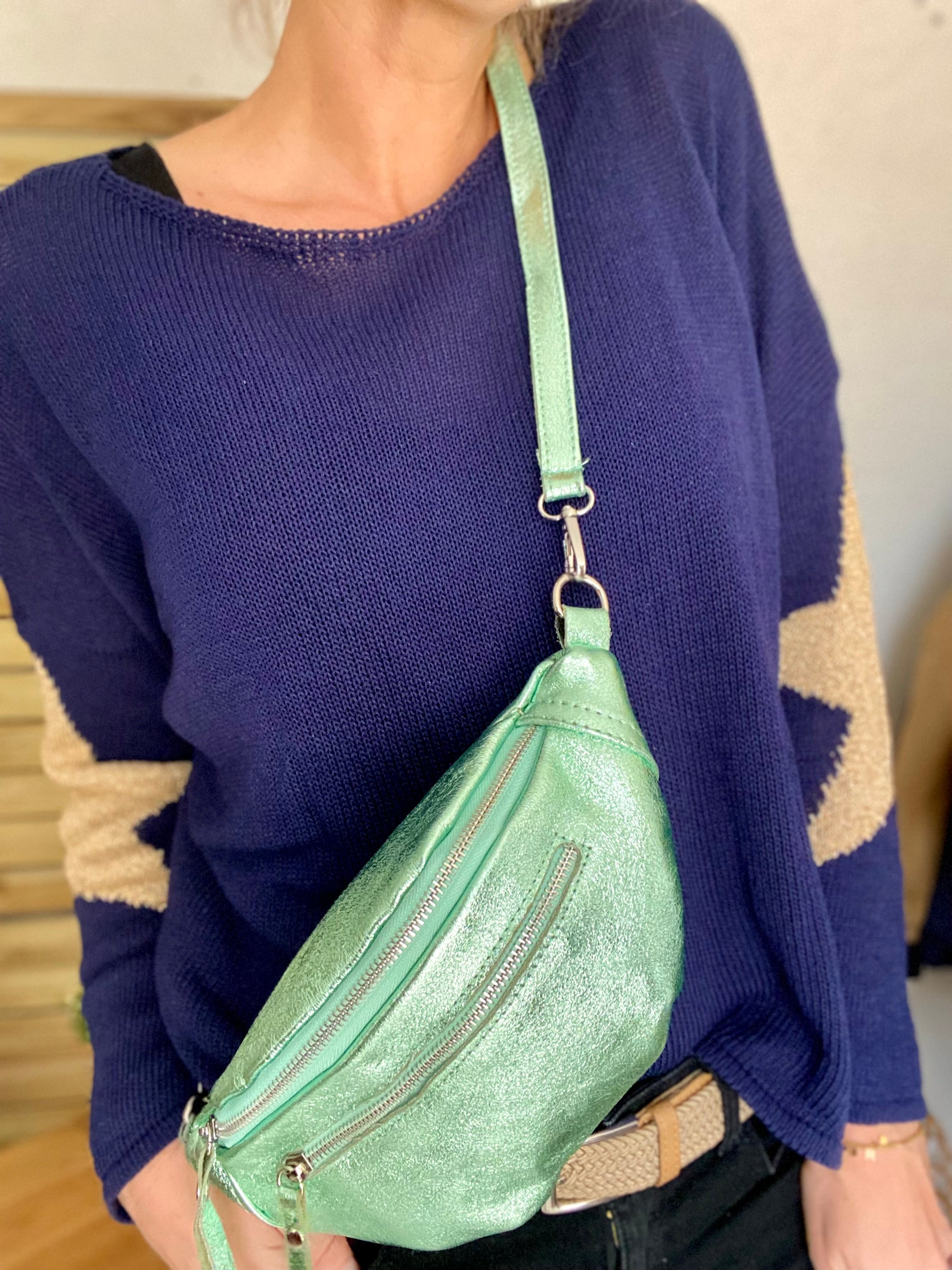 Sac banane en cuir irisé double poche - OPALE  - Vert d’eau