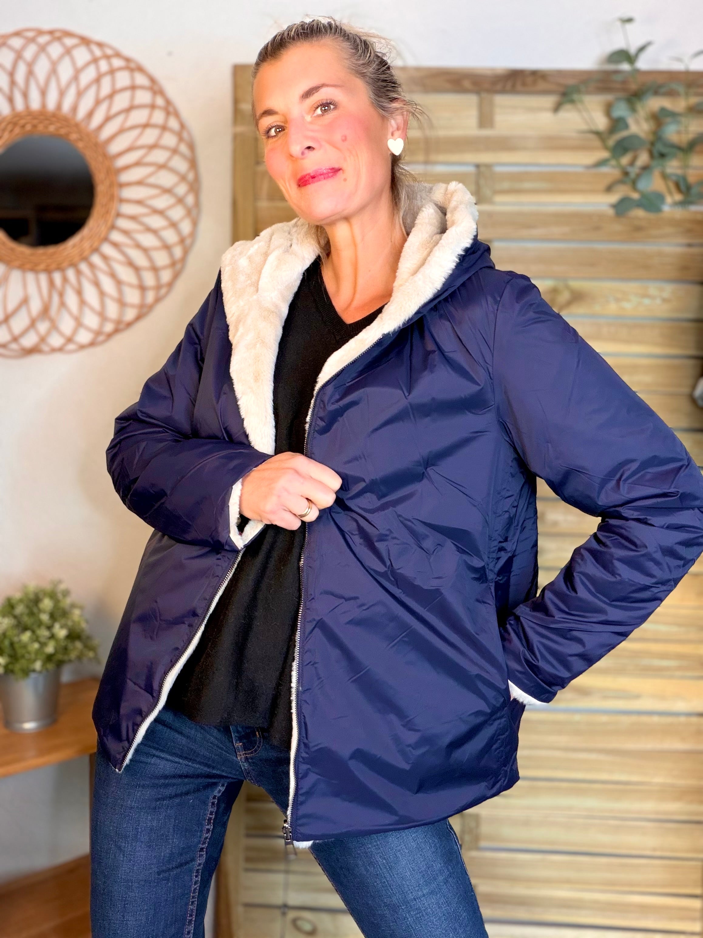 Parka Imperméable réversible fourrée Marine / Beige ALIX Court - LAURA JO