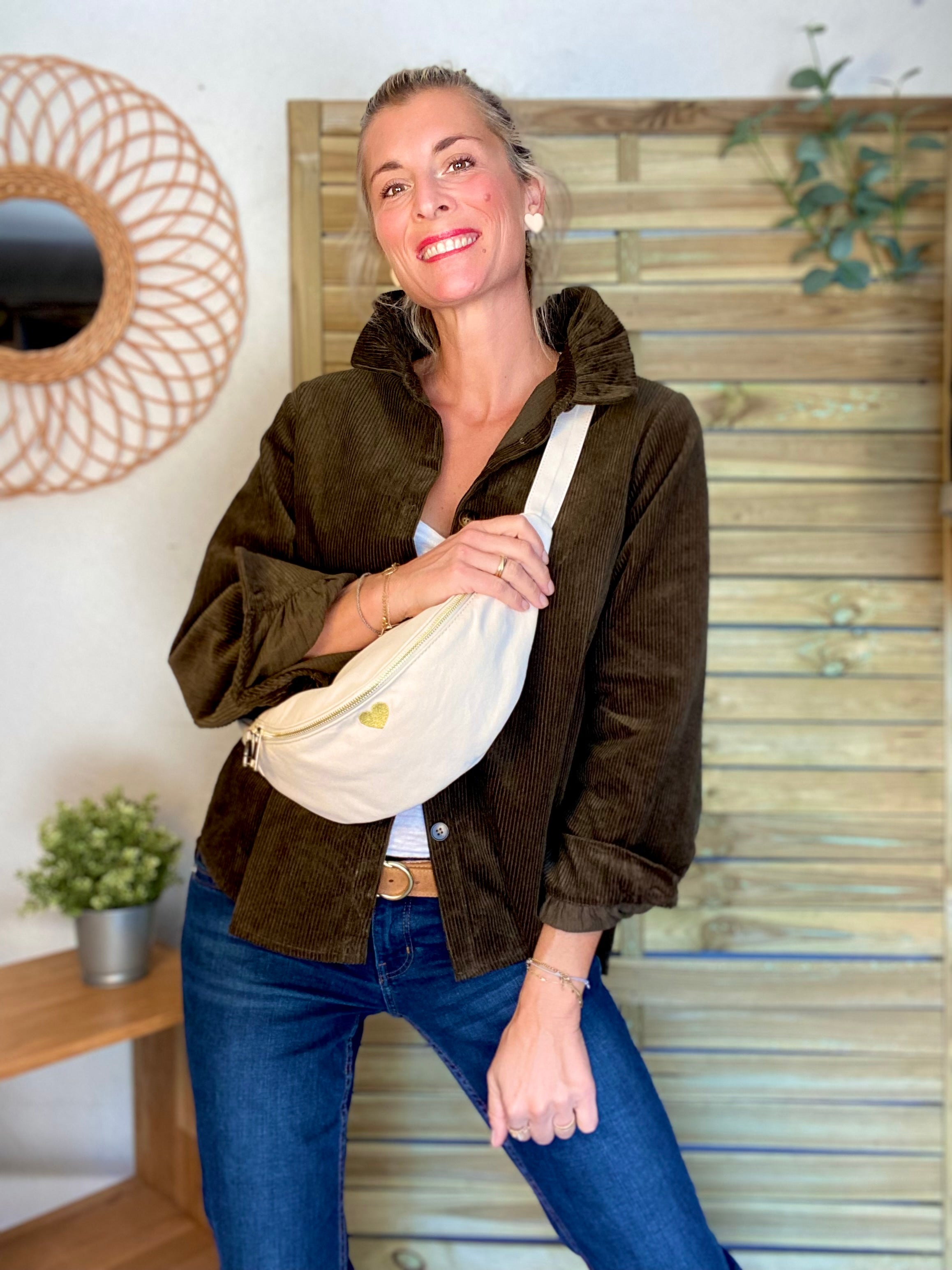 Veste / Chemise en coton, col victorien volanté YVONNE - Velours Kaki