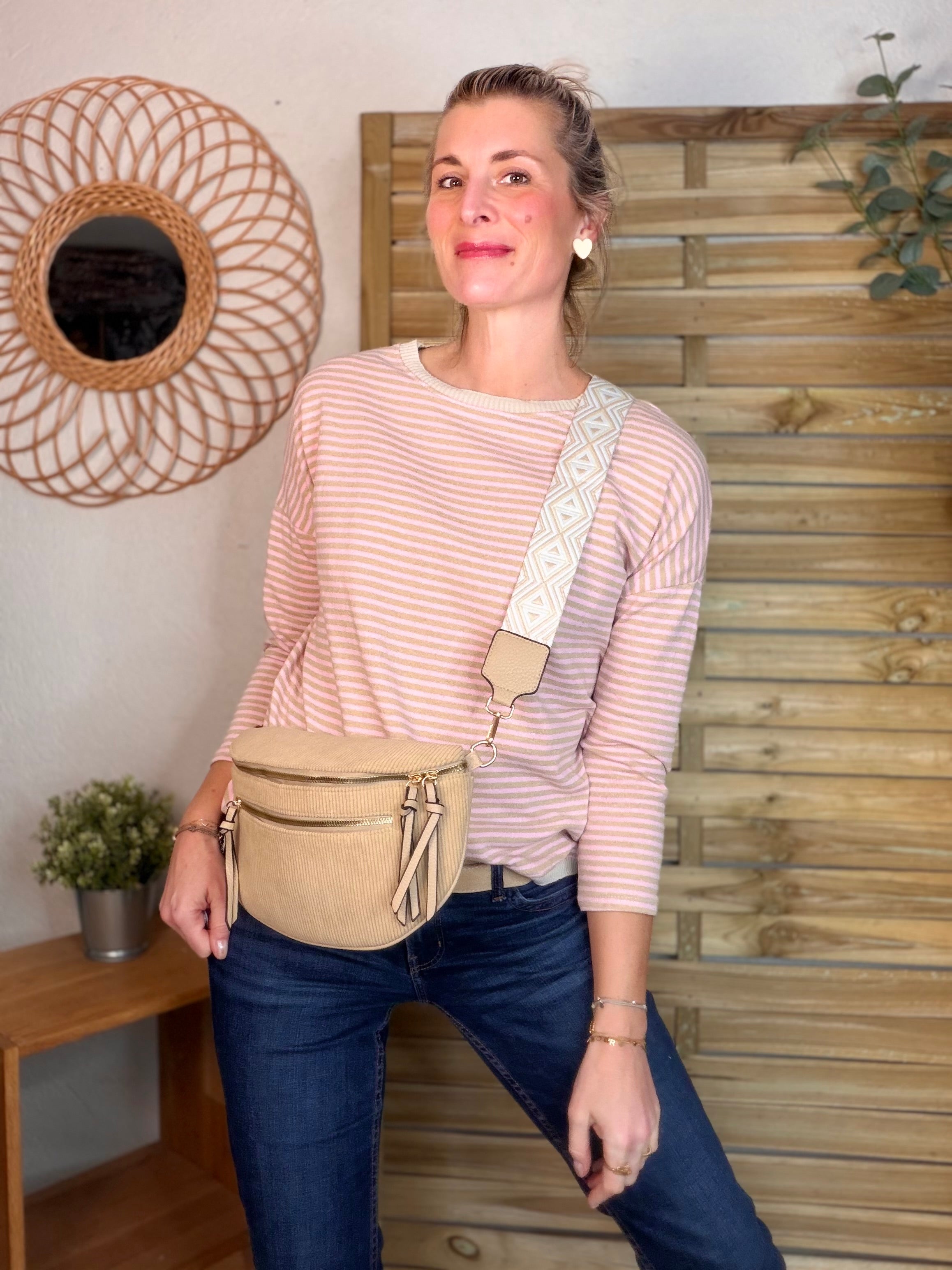 Sac banane en velours côtelé, sangle fantaisie - KATY - Camel clair