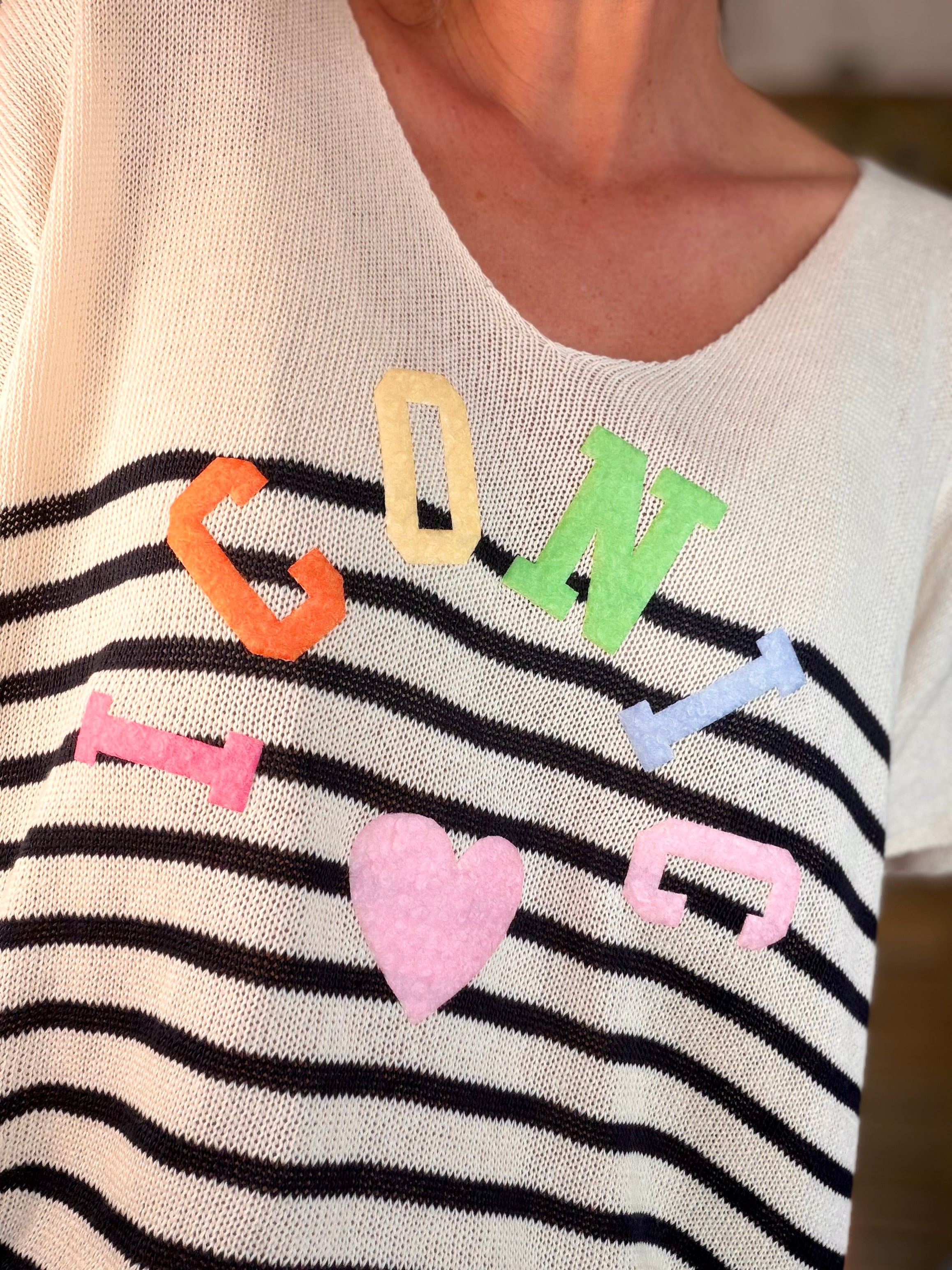 Top col V en maille rayé oversized ICONIC ANISSA Bleu marine