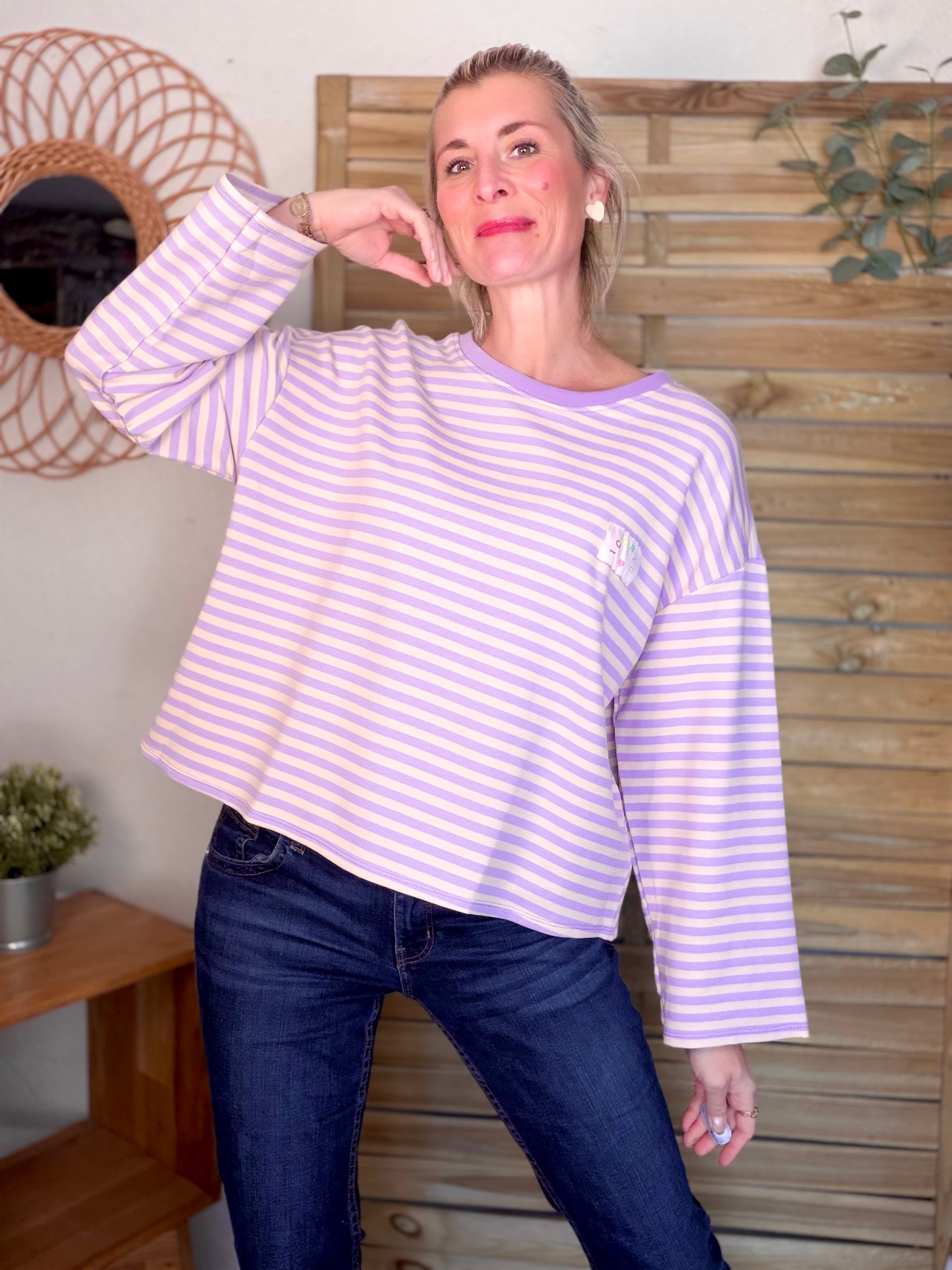 Sweat fin rayé ample Iconic CORALIE - Lilas