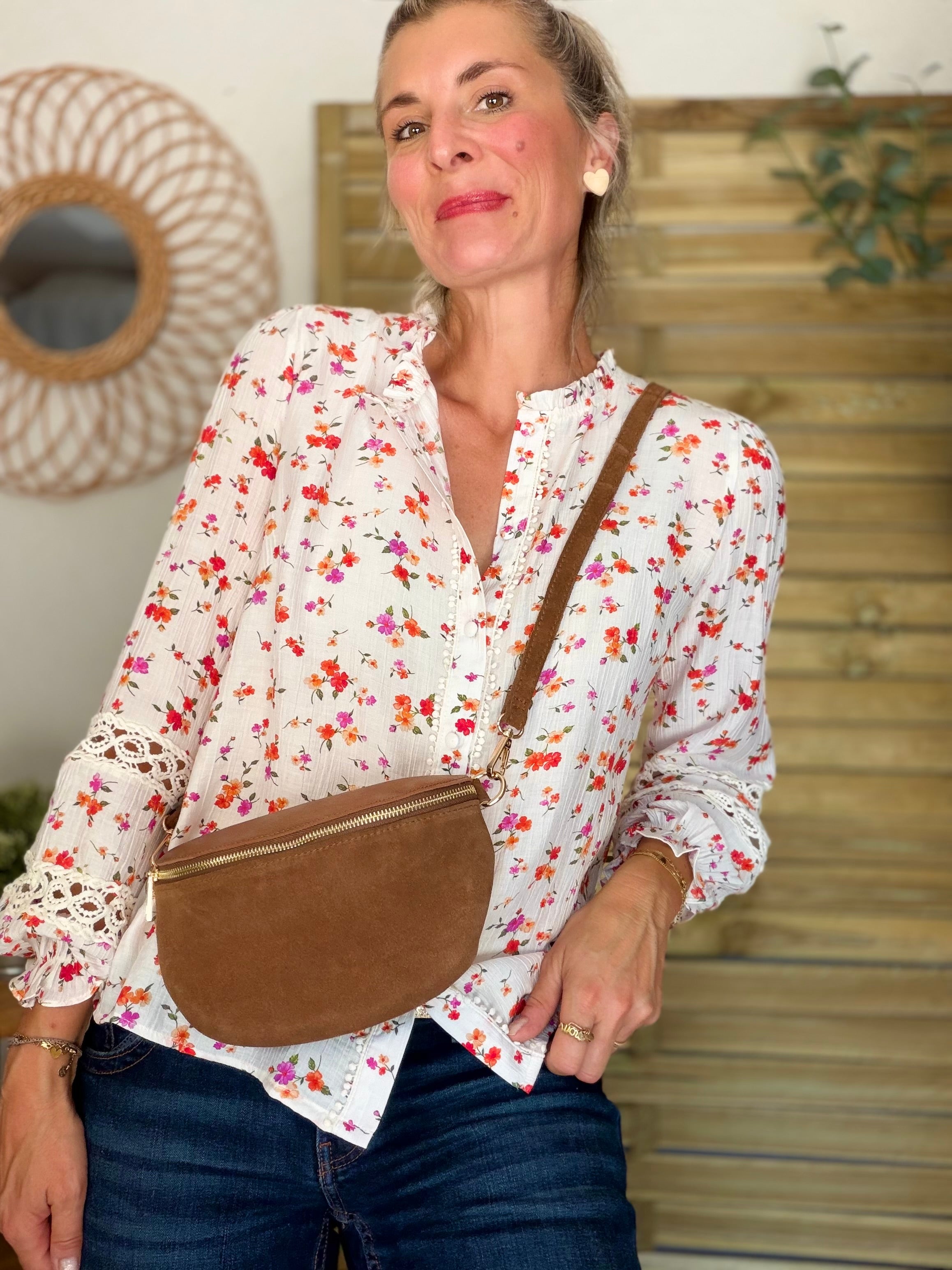 Sac banane M bi-matière en cuir irisé et velours 24cm - POLLY- Choco/Bronze