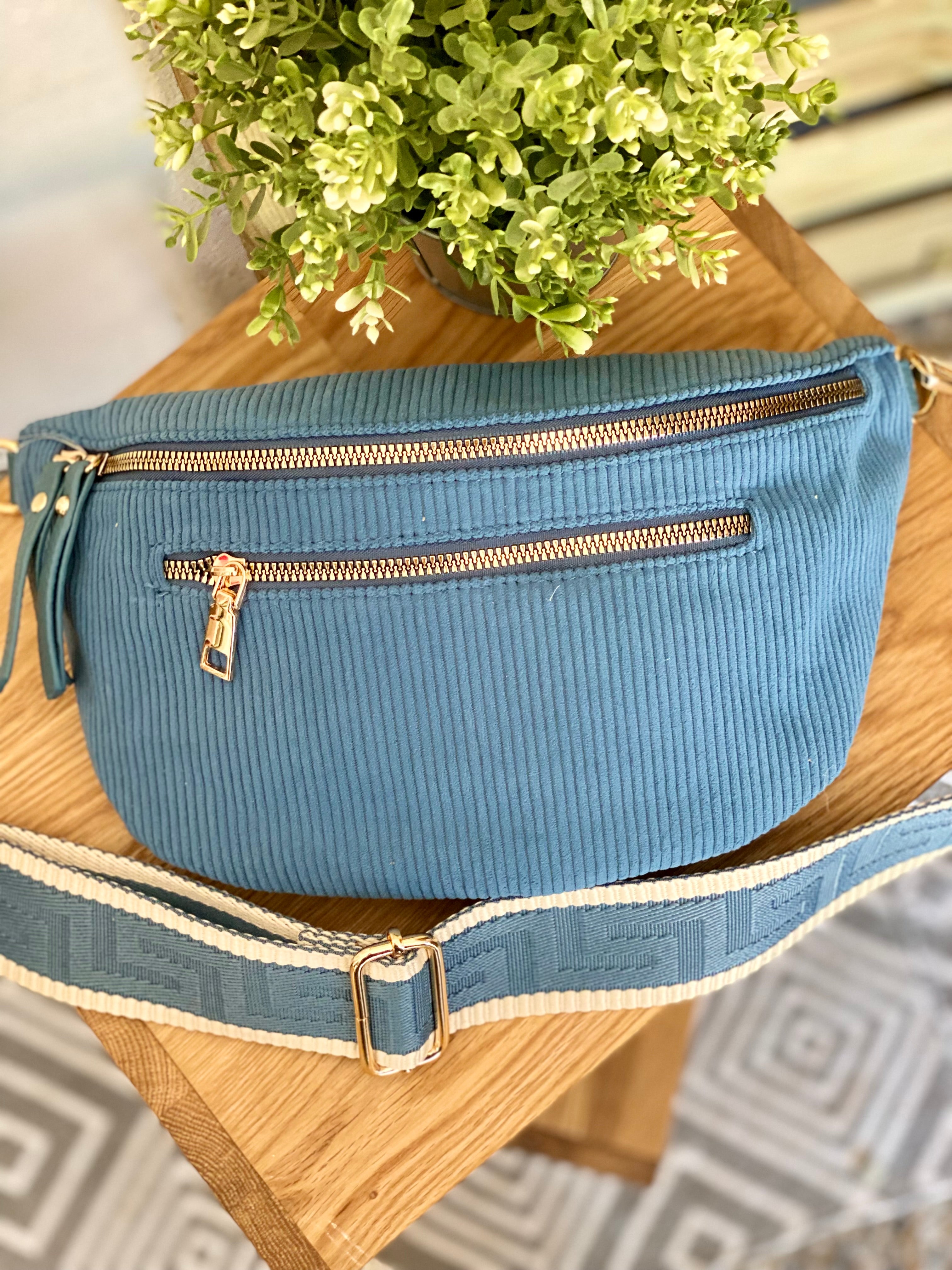 Sac banane L en velours côtelé 2 zips et sangle fantaisie - ASHLY - Bleu jean