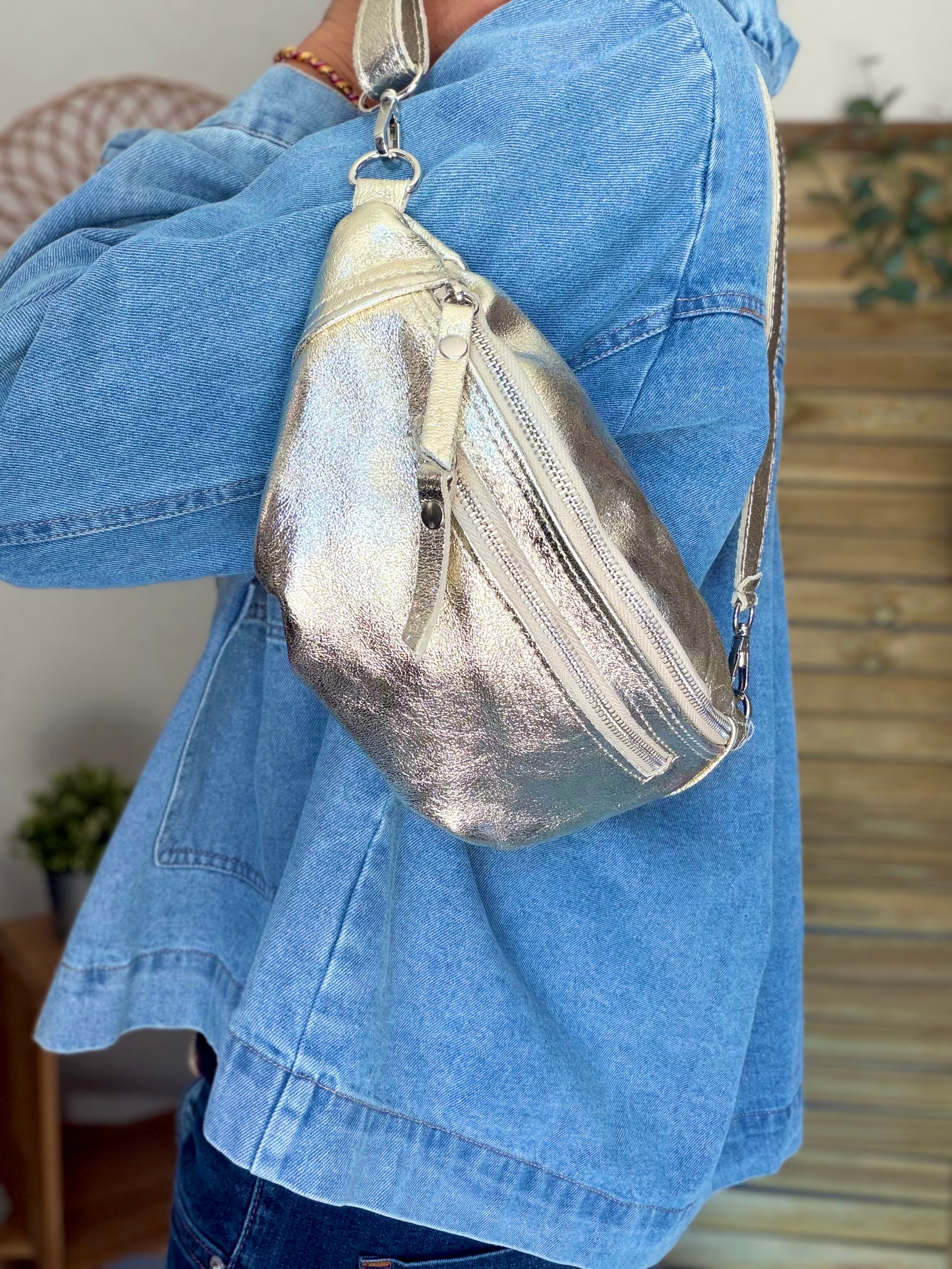 Sac banane en cuir irisé double poche - OPALE - Doré / argent
