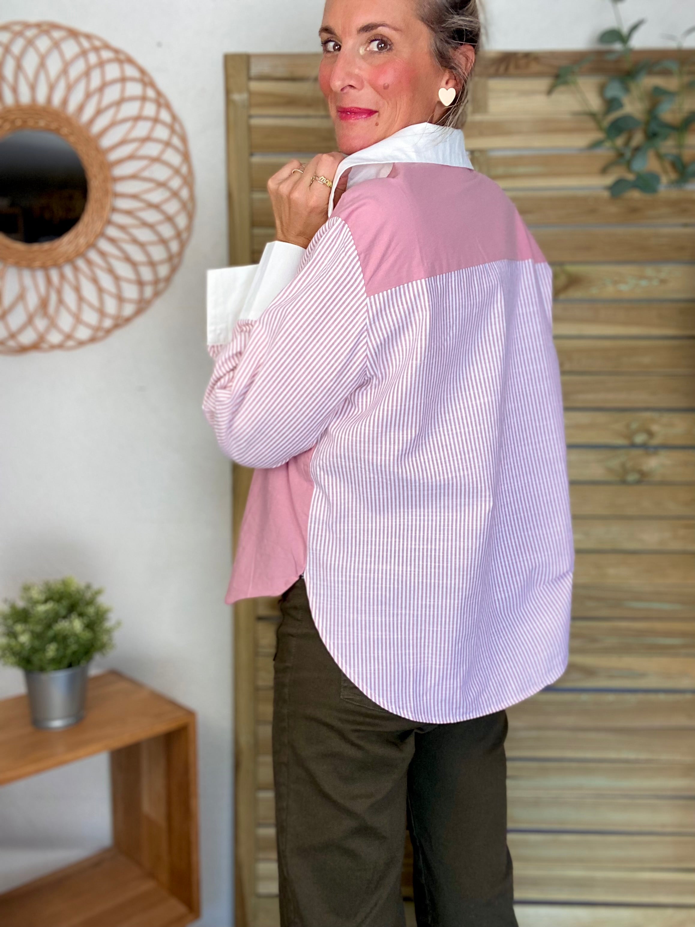 Chemise en coton rayée et uni JULIETTE - Rose