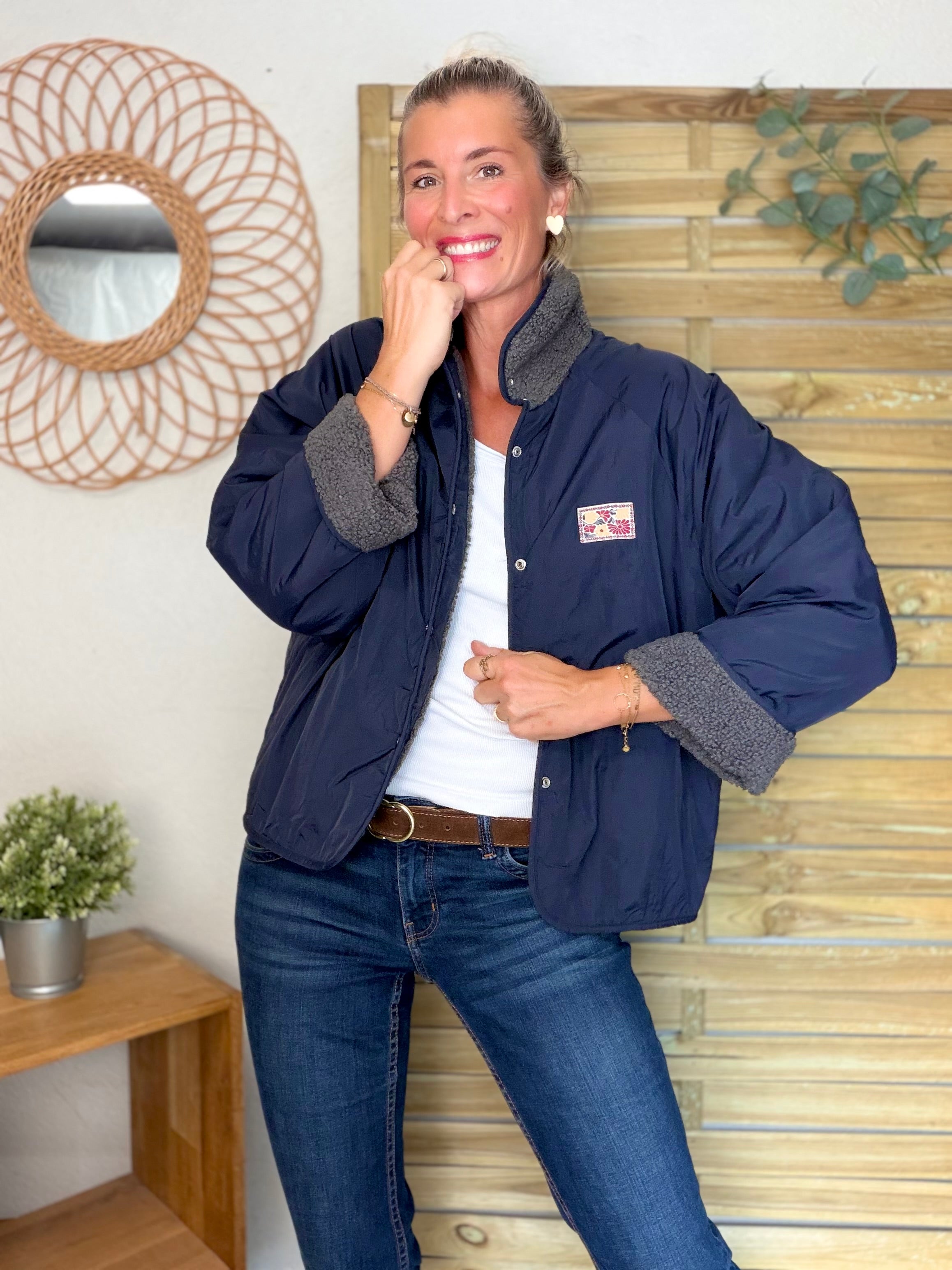 Veste matelassée réversible Sherpa AMÉLIE Bleu marine / Gris