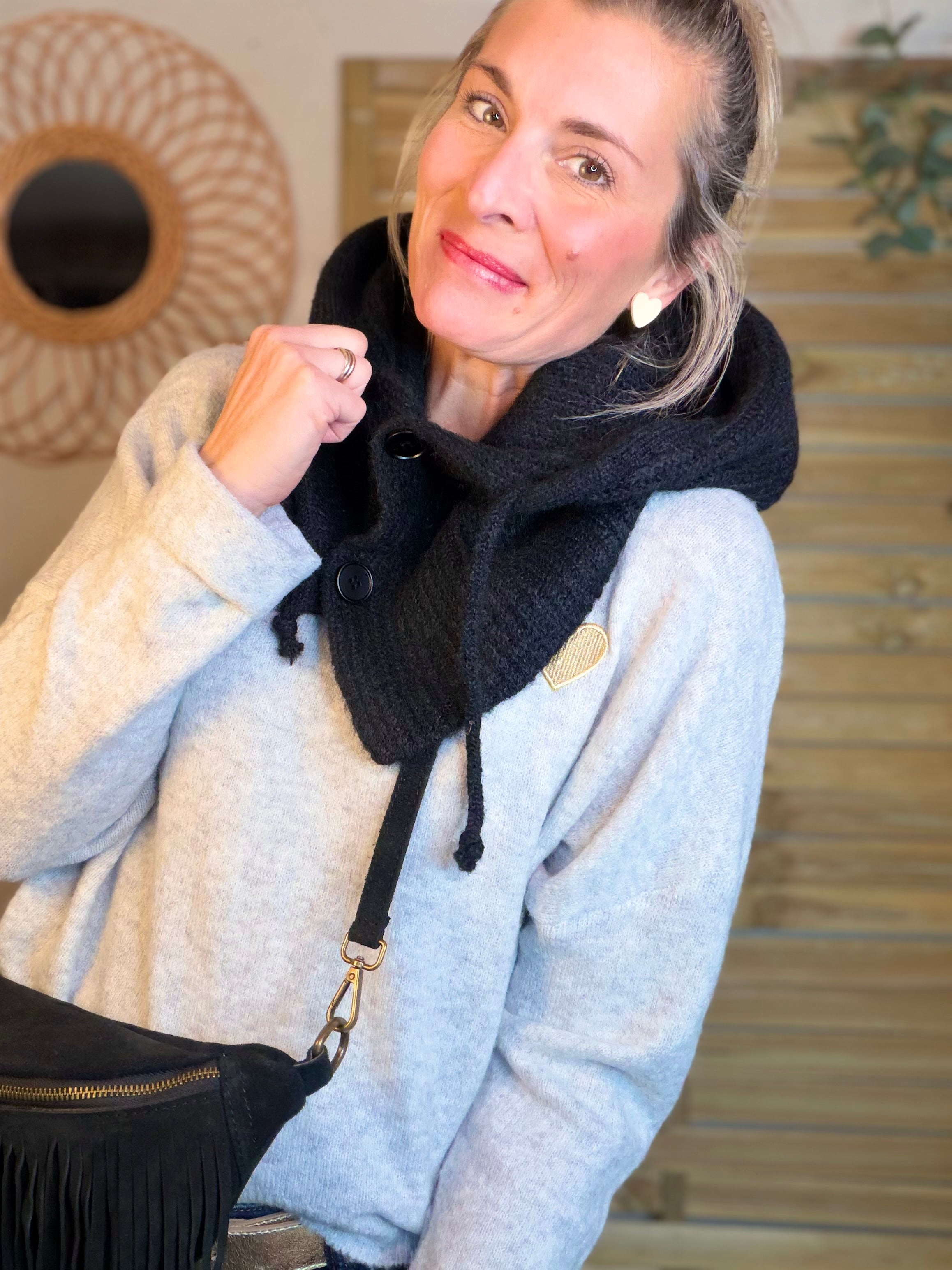 Col cagoule LORIE en maille avec bouton - Noir