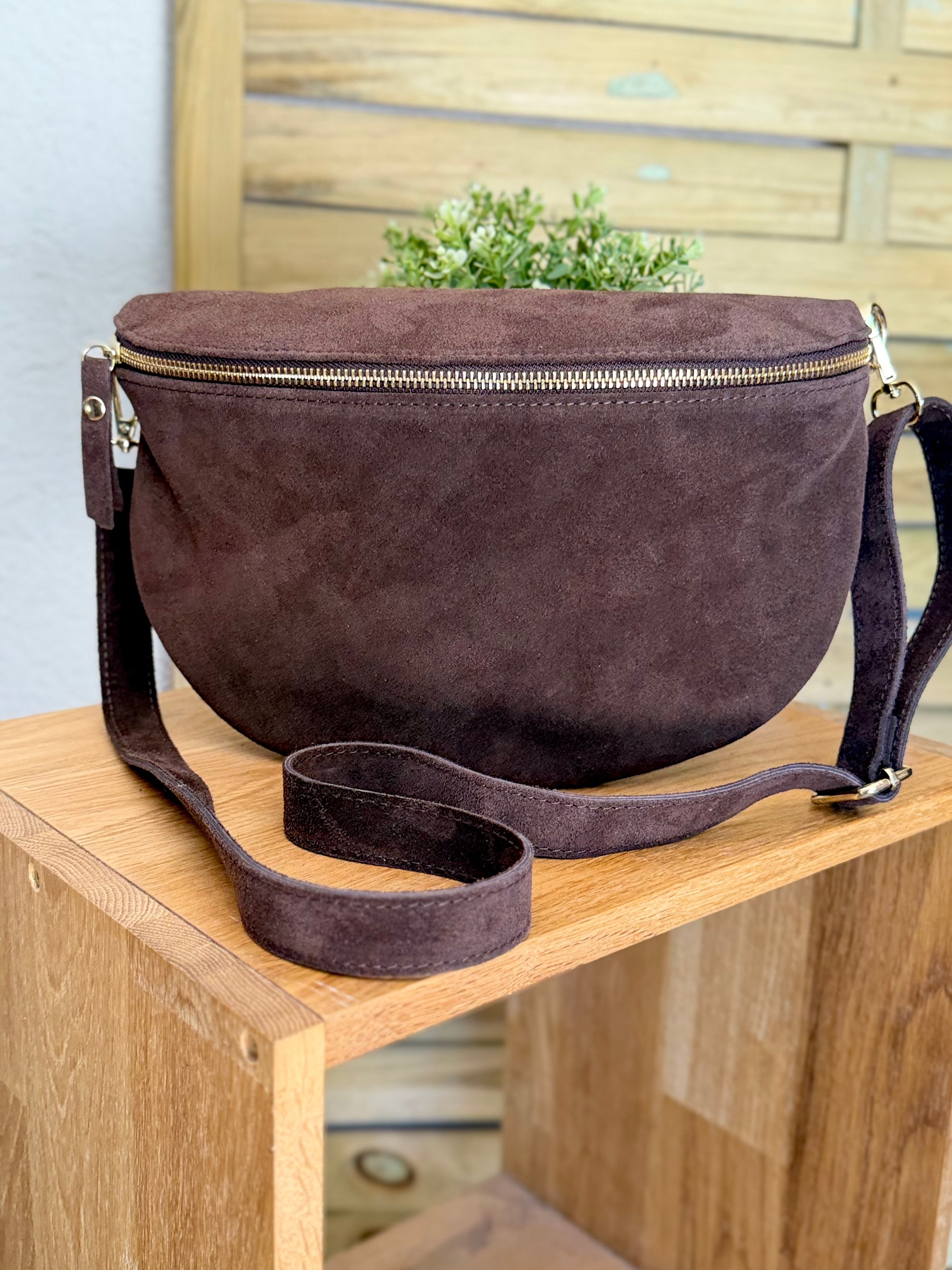 Sac banane XL en cuir velours 30cm JUDY - Chocolat