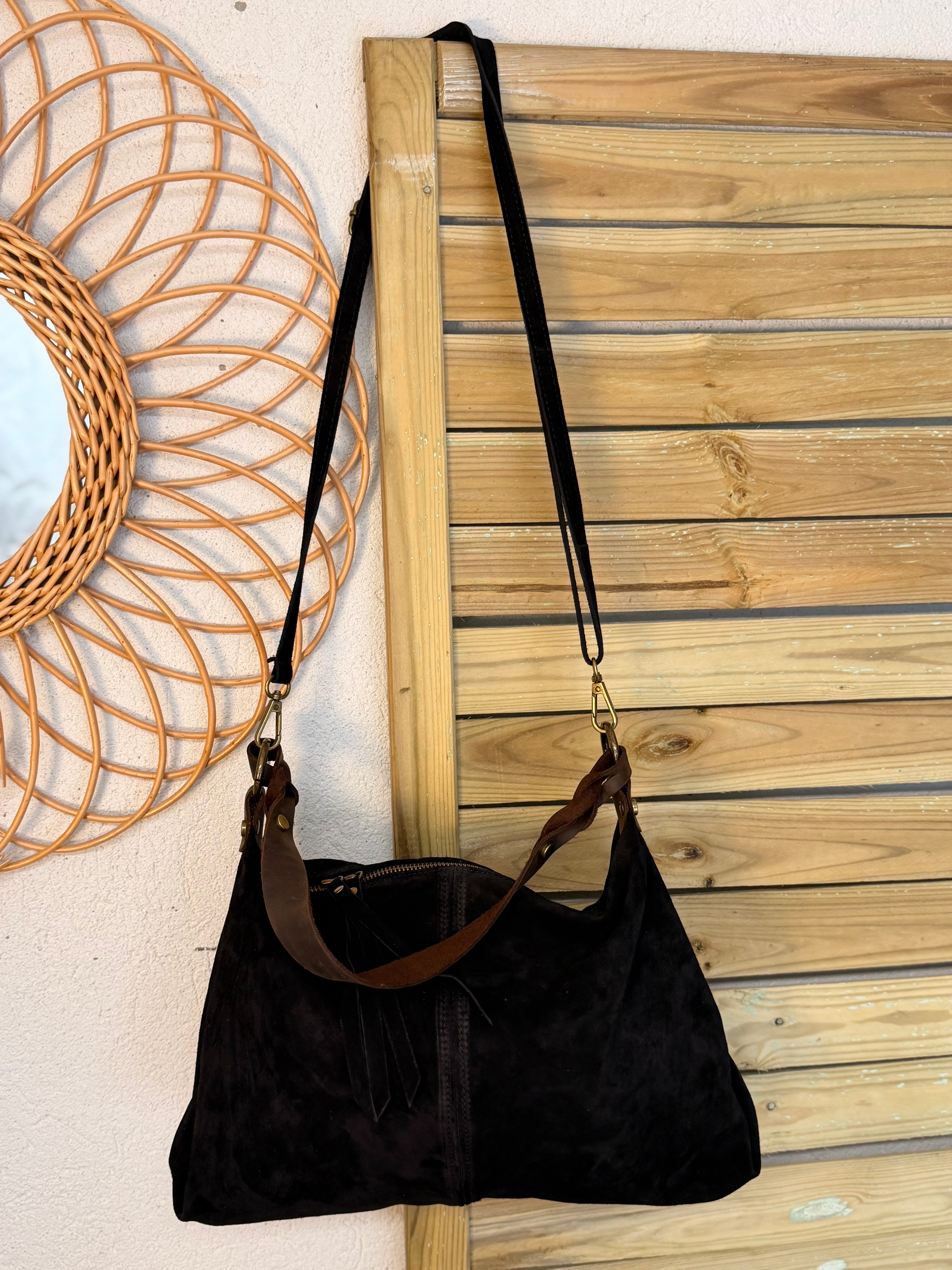 Sac hobo en cuir daim souple, double bandoulière ANDREW Noir