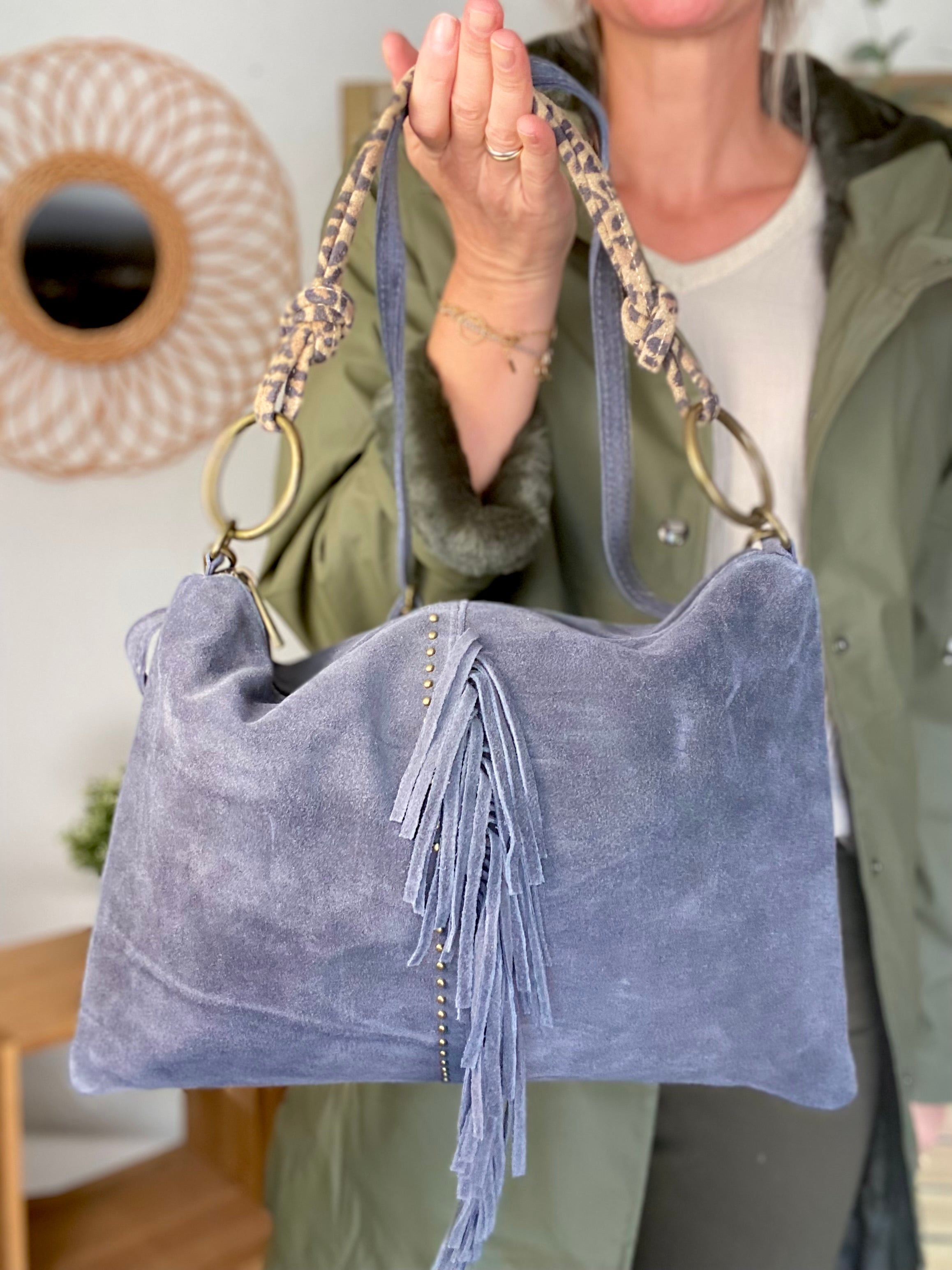 ⚡️PÉPITES FRIDAY - Sac en cuir daim 2 bandoulières (Léo et gris) - Gris foncé - BROOKLYN