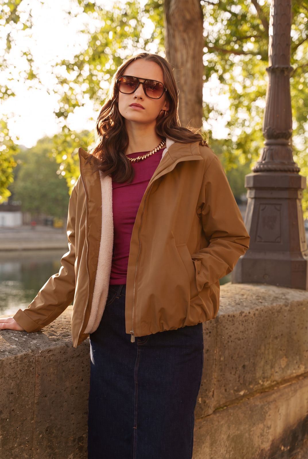 LAURA JO - Imperméable fourré sherpa EVA court - Camel