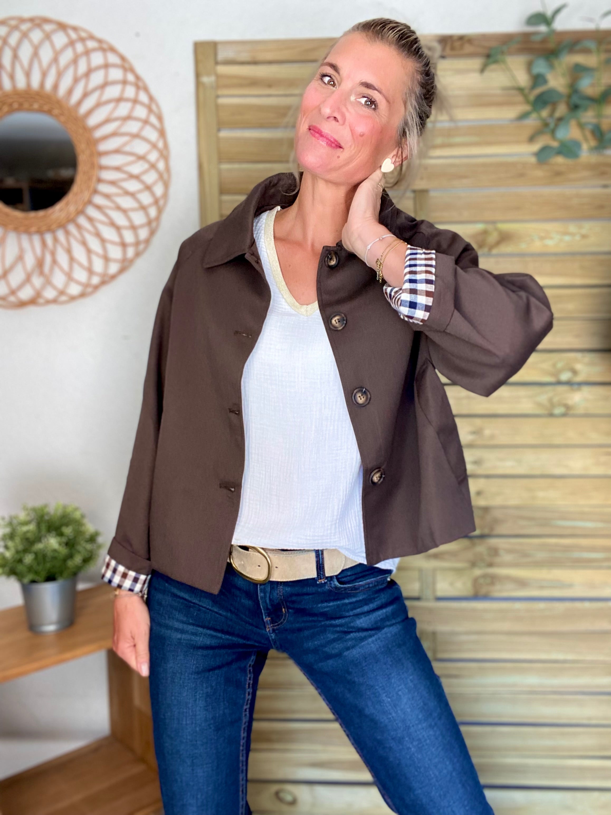 Veste Trench en coton avec vichy - YSEULT court Chocolat