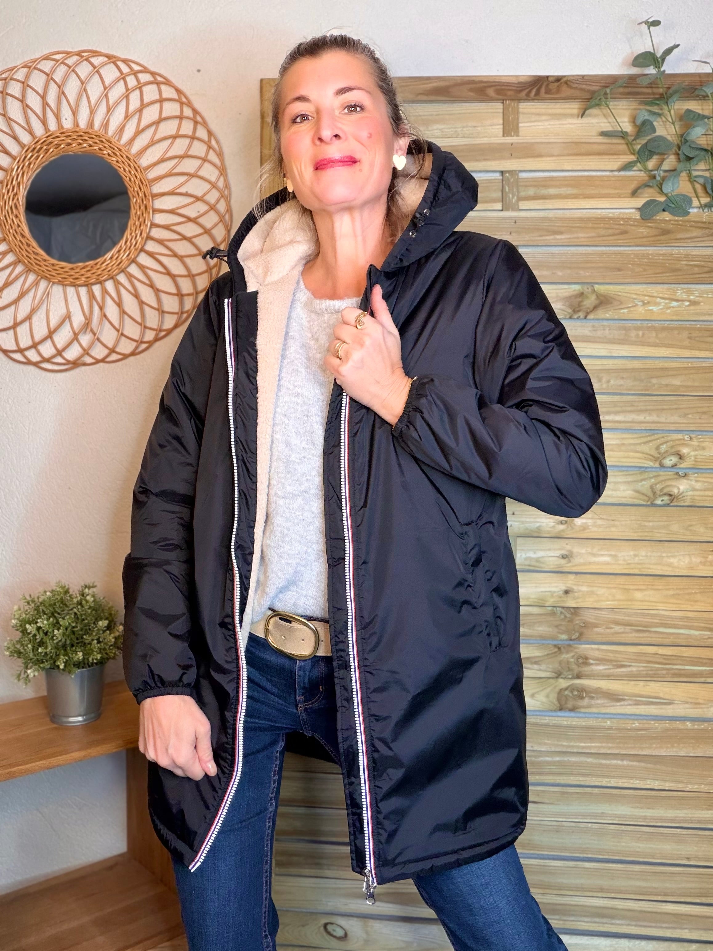 Parka Imperméable LOUISE LONG Sherpa écru - Noir - LAURA JO
