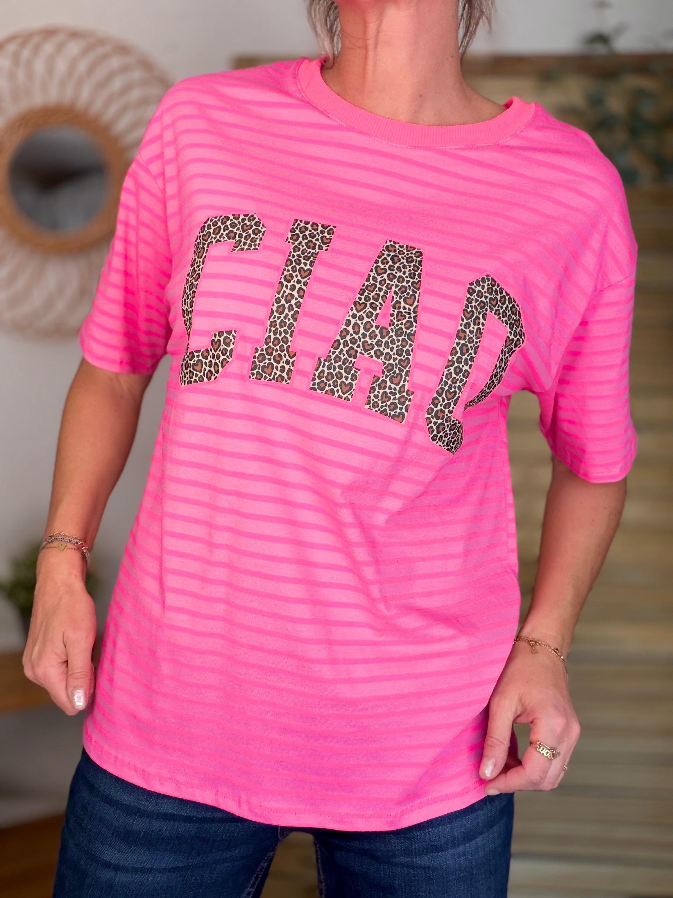 Tee shirt rayé CIAO Léo Rose fluo