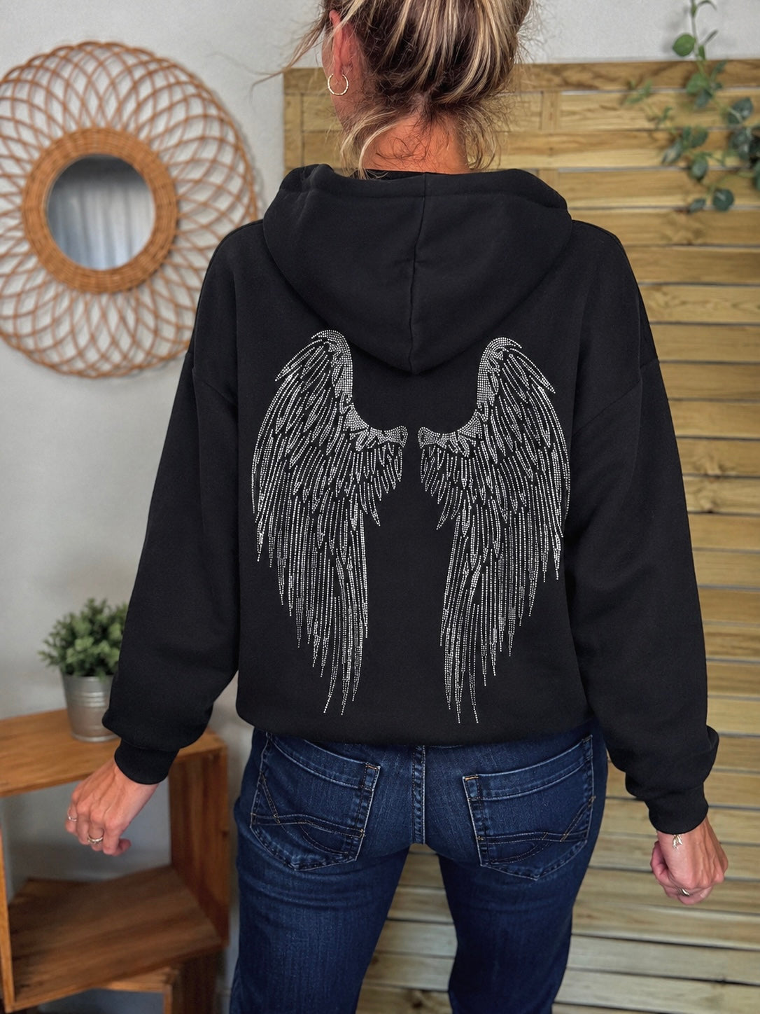 Hoodie sweat gilet strass (ailes) CLOTHILDE - Noir