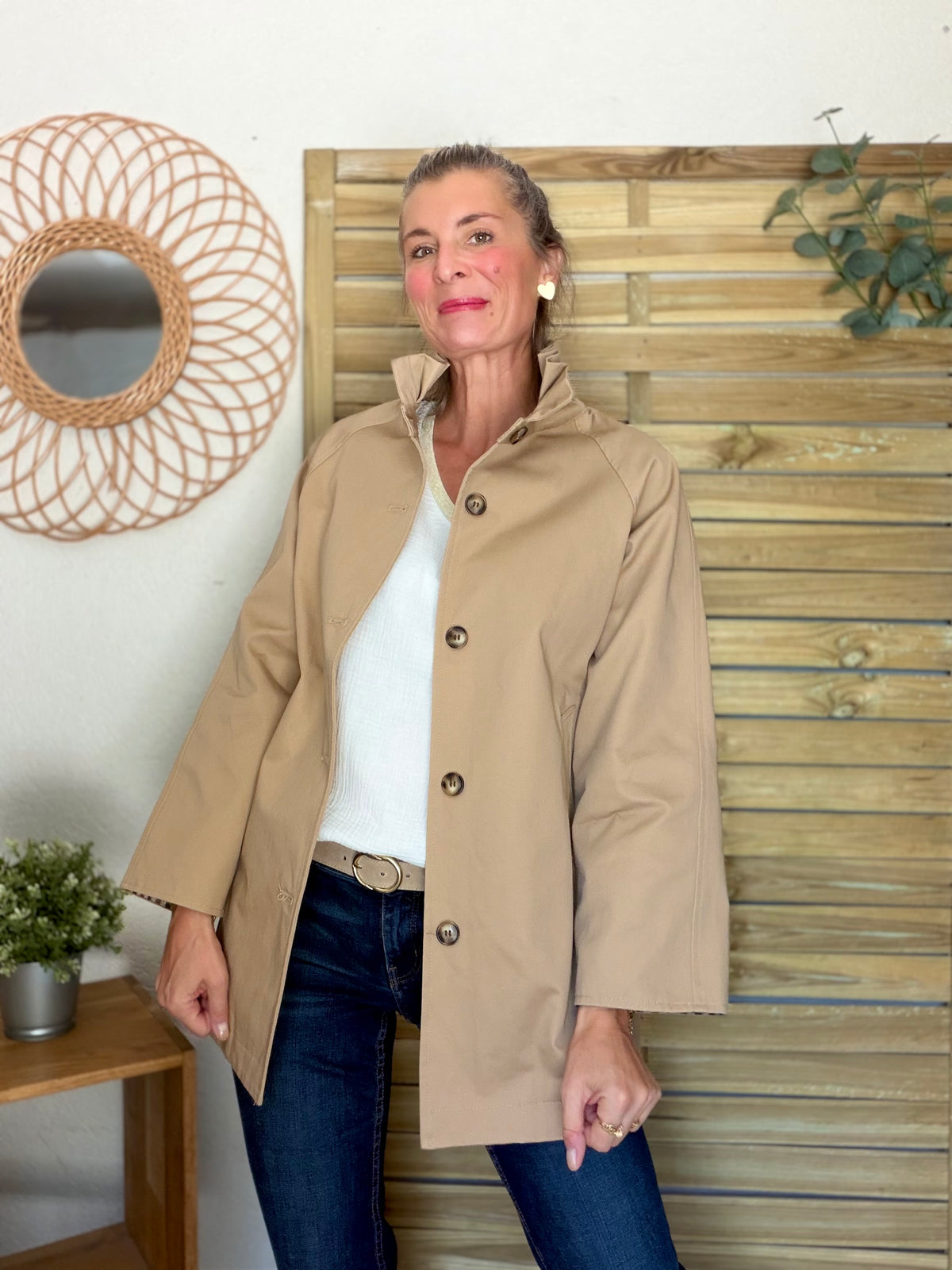 Veste Trench mi-long col victorien avec carreaux - ANDY Beige taupe