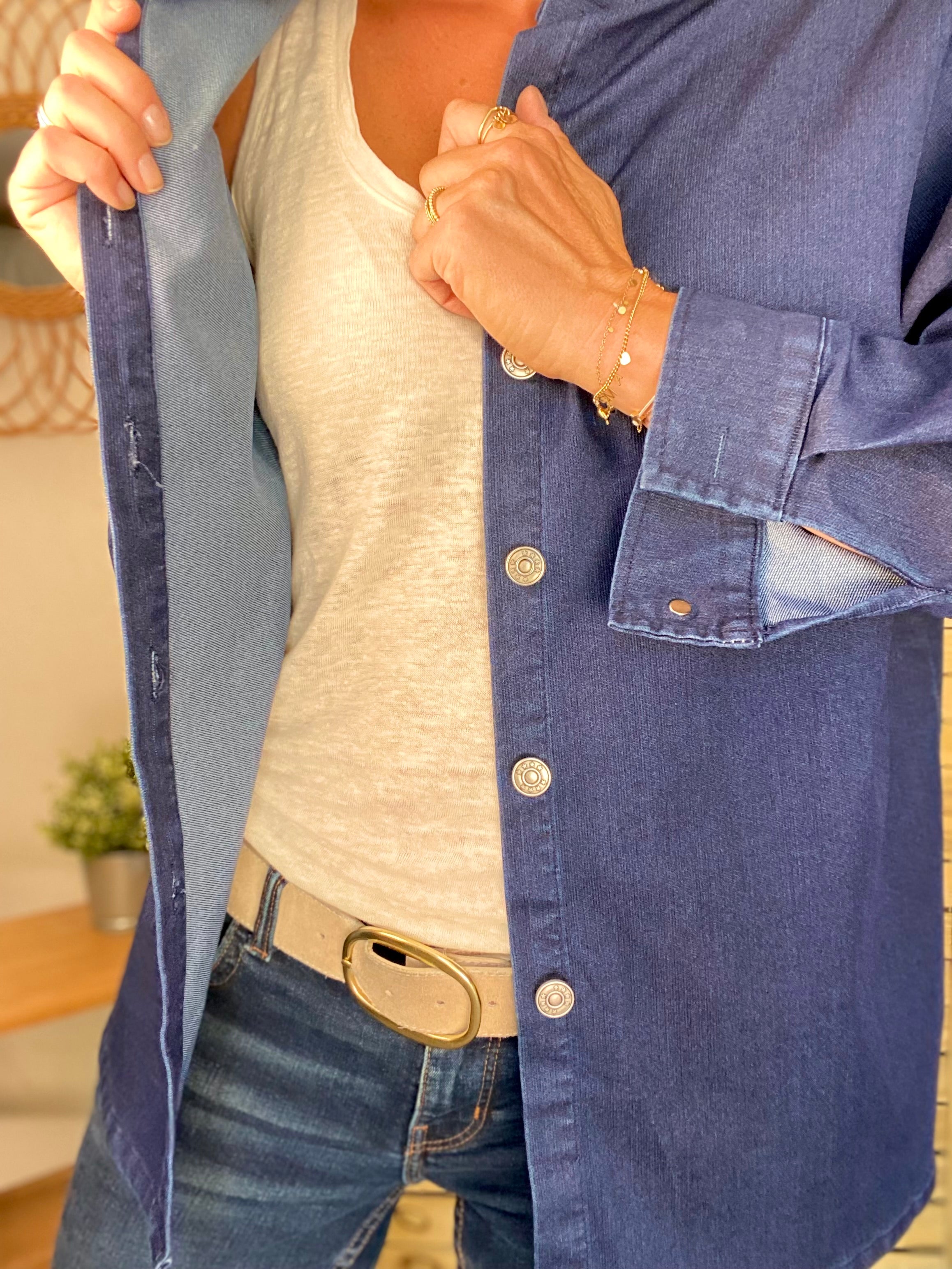 Veste / Chemise en coton, col volanté Bleu Jean LISON