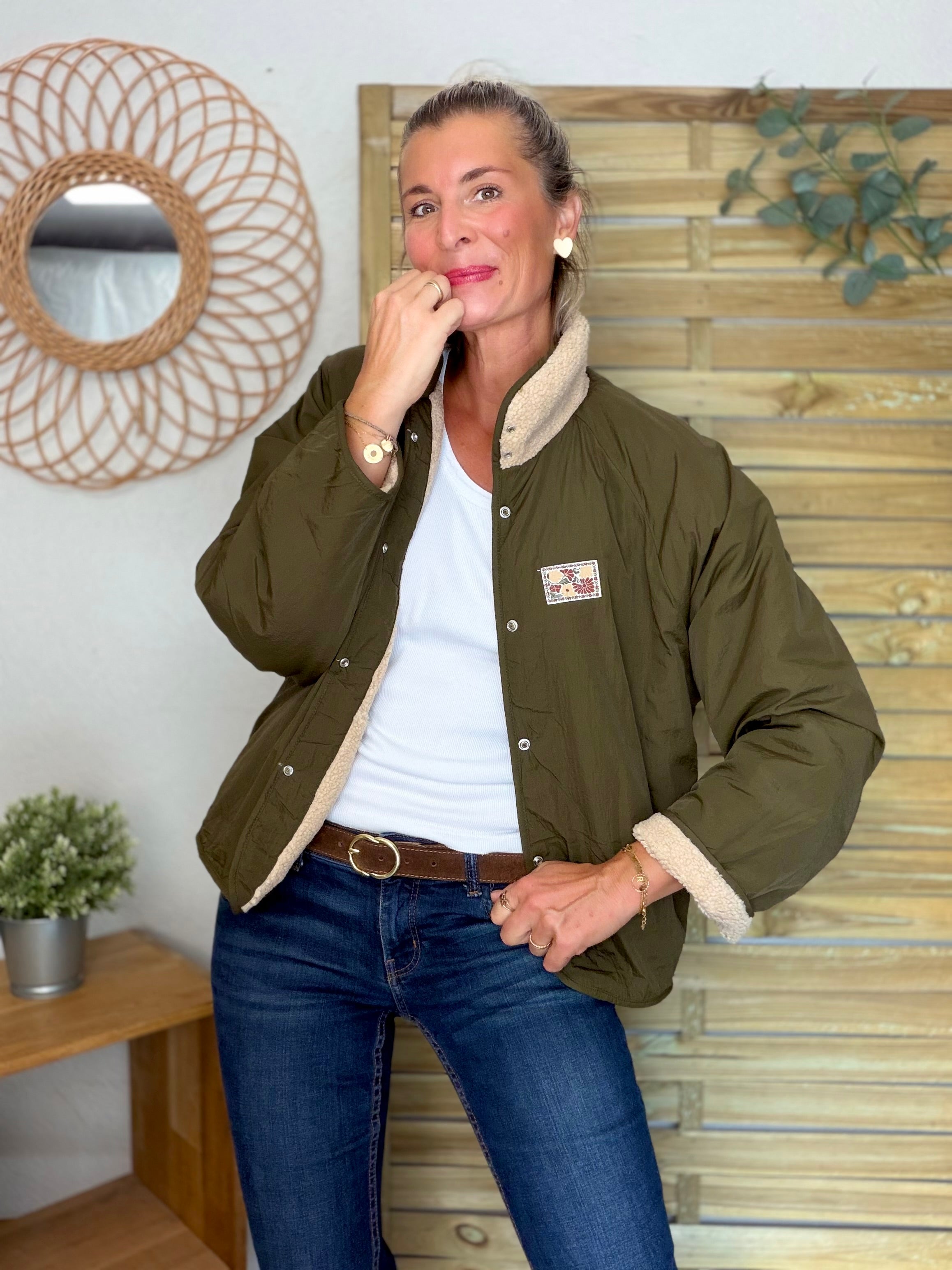 Veste matelassée réversible Sherpa AMÉLIE Kaki / Beige