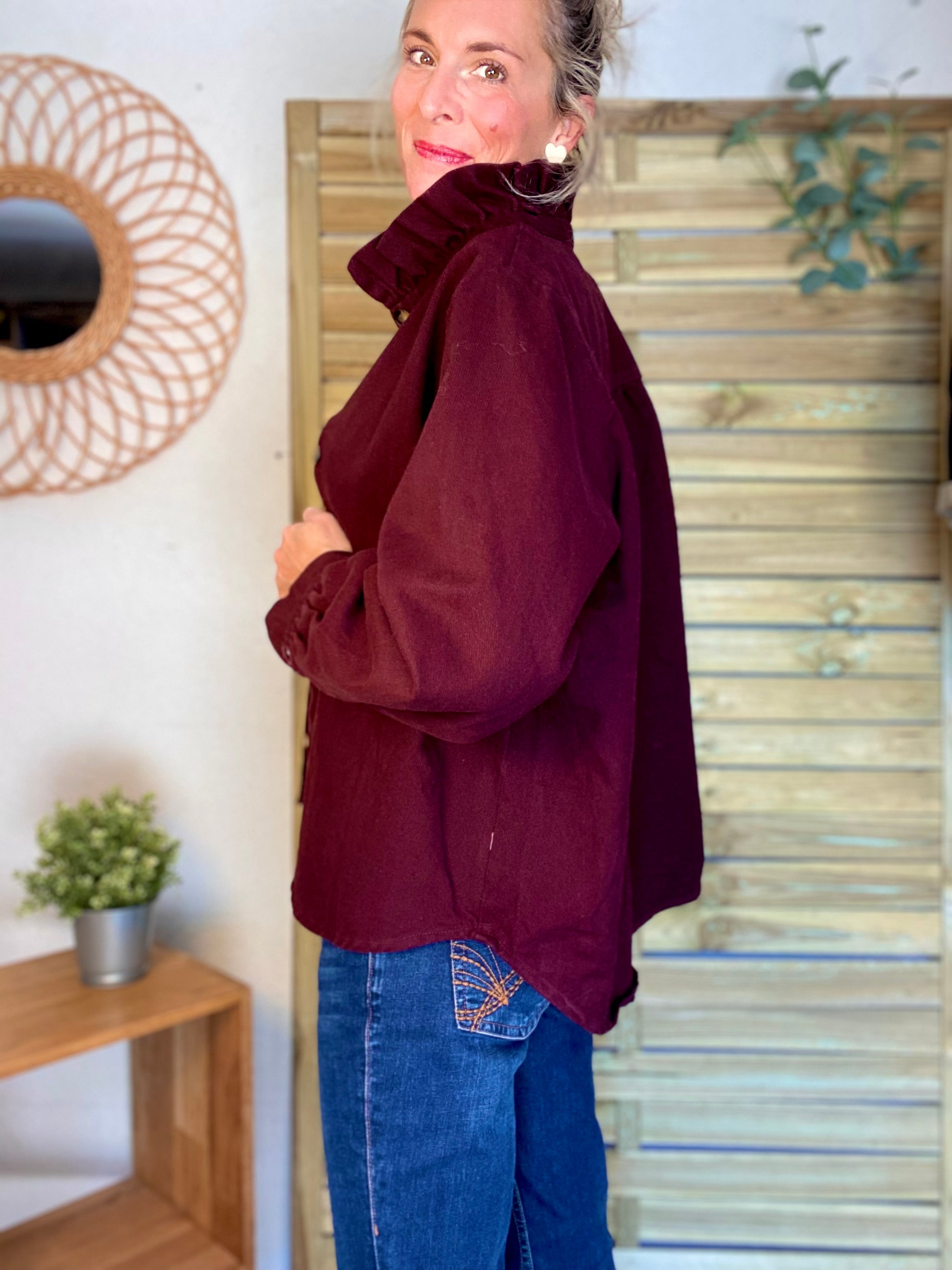 Veste / Chemise en coton, col victorien volanté LISA - Prune
