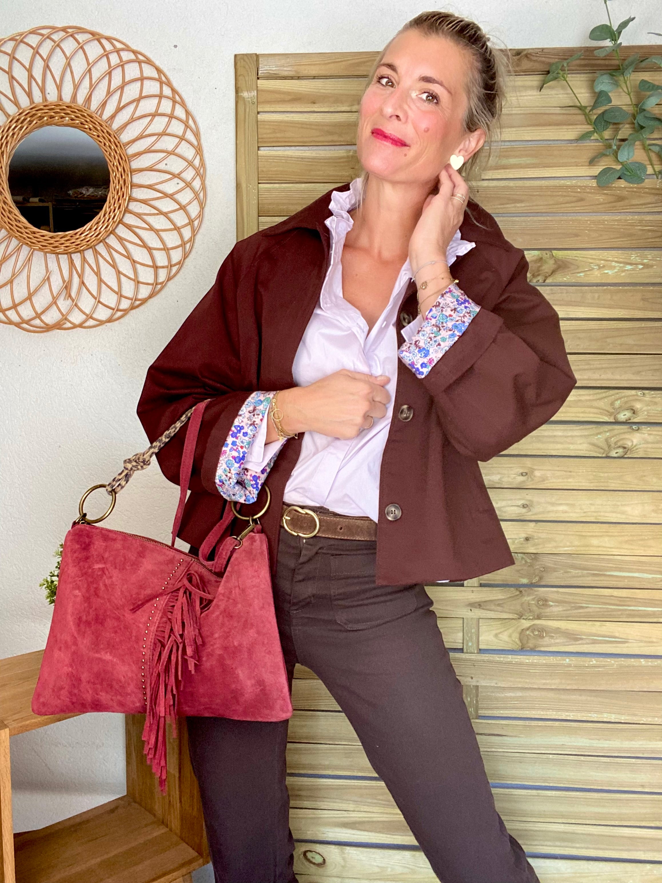 Veste Trench en coton bordeaux foncé avec Liberty - MAHAUT