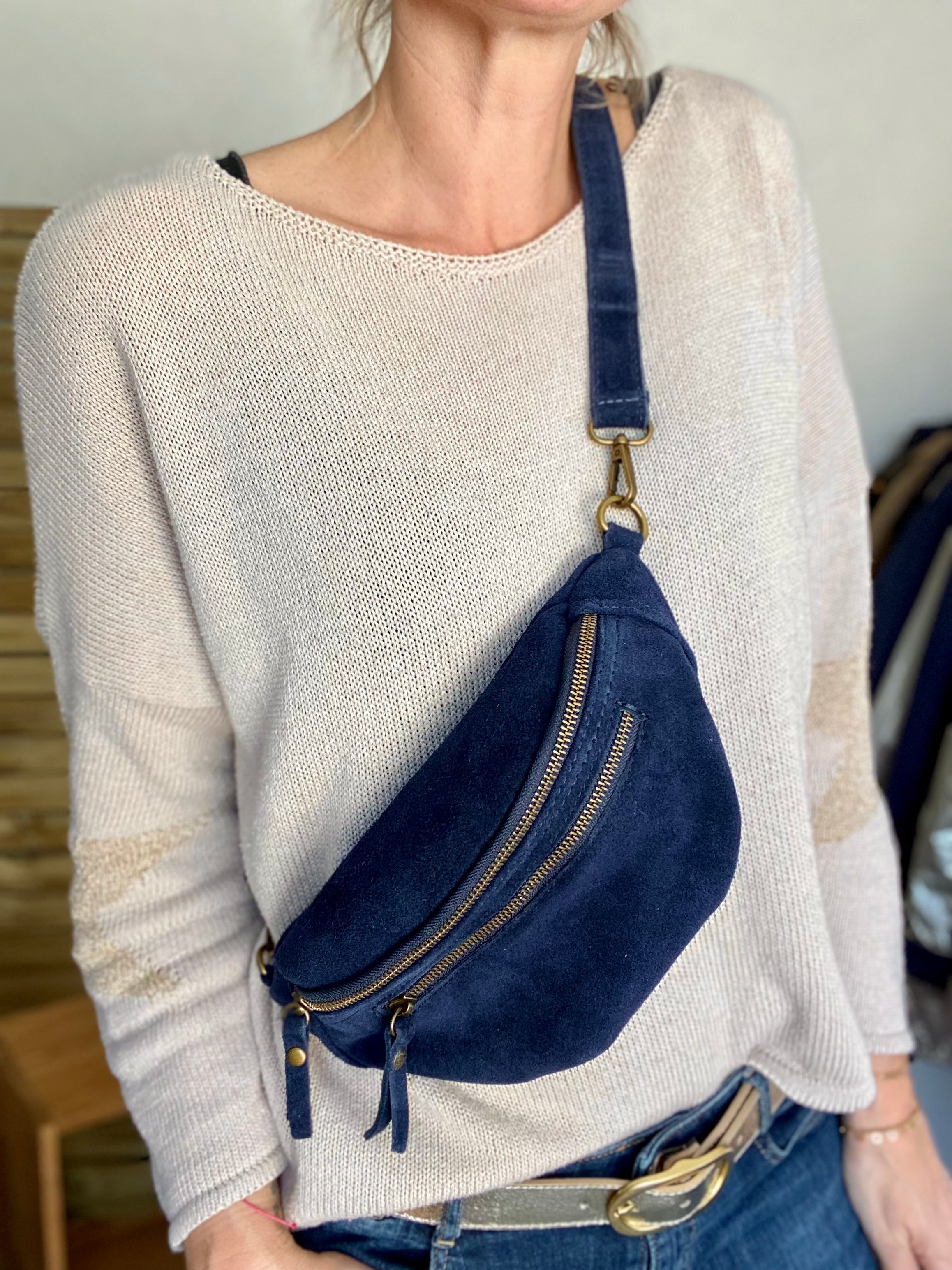 Sac banane double poche en cuir daim - OPALINE - Bleu marine