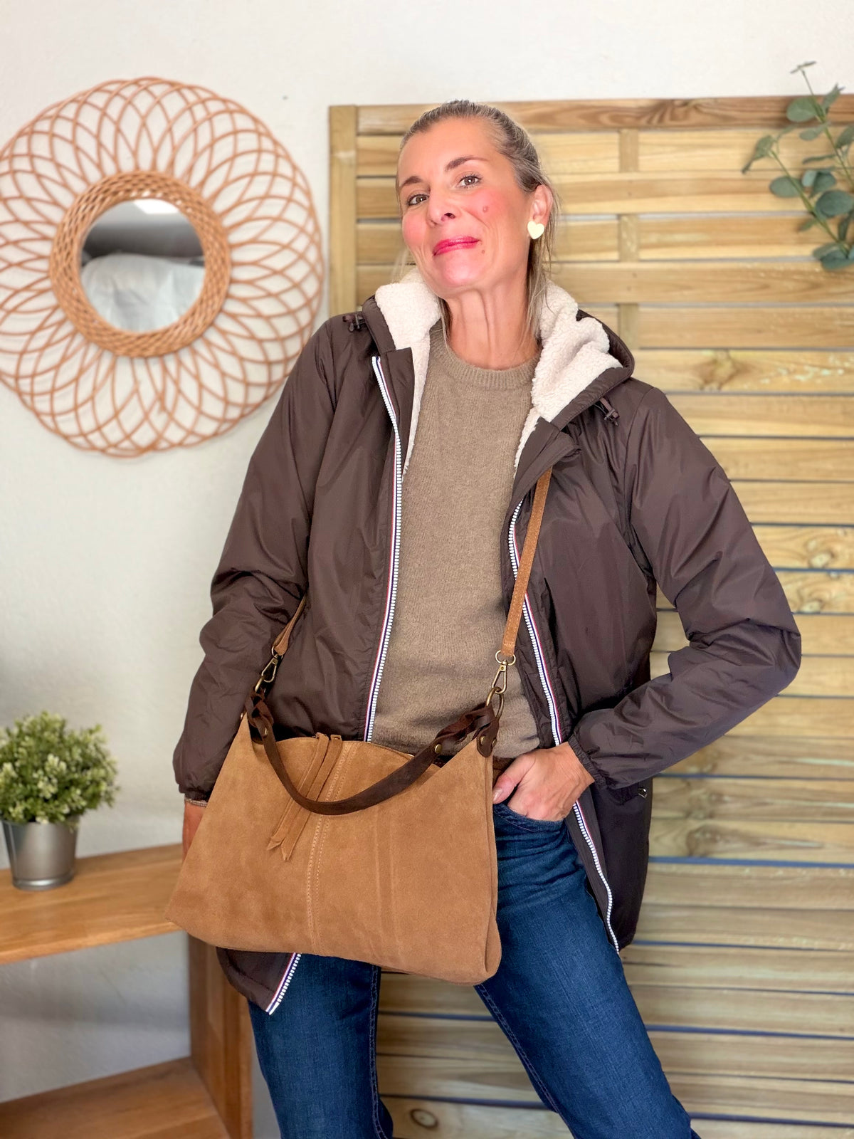 Sac hobo en cuir daim souple, double bandoulière ANDREW Camel clair